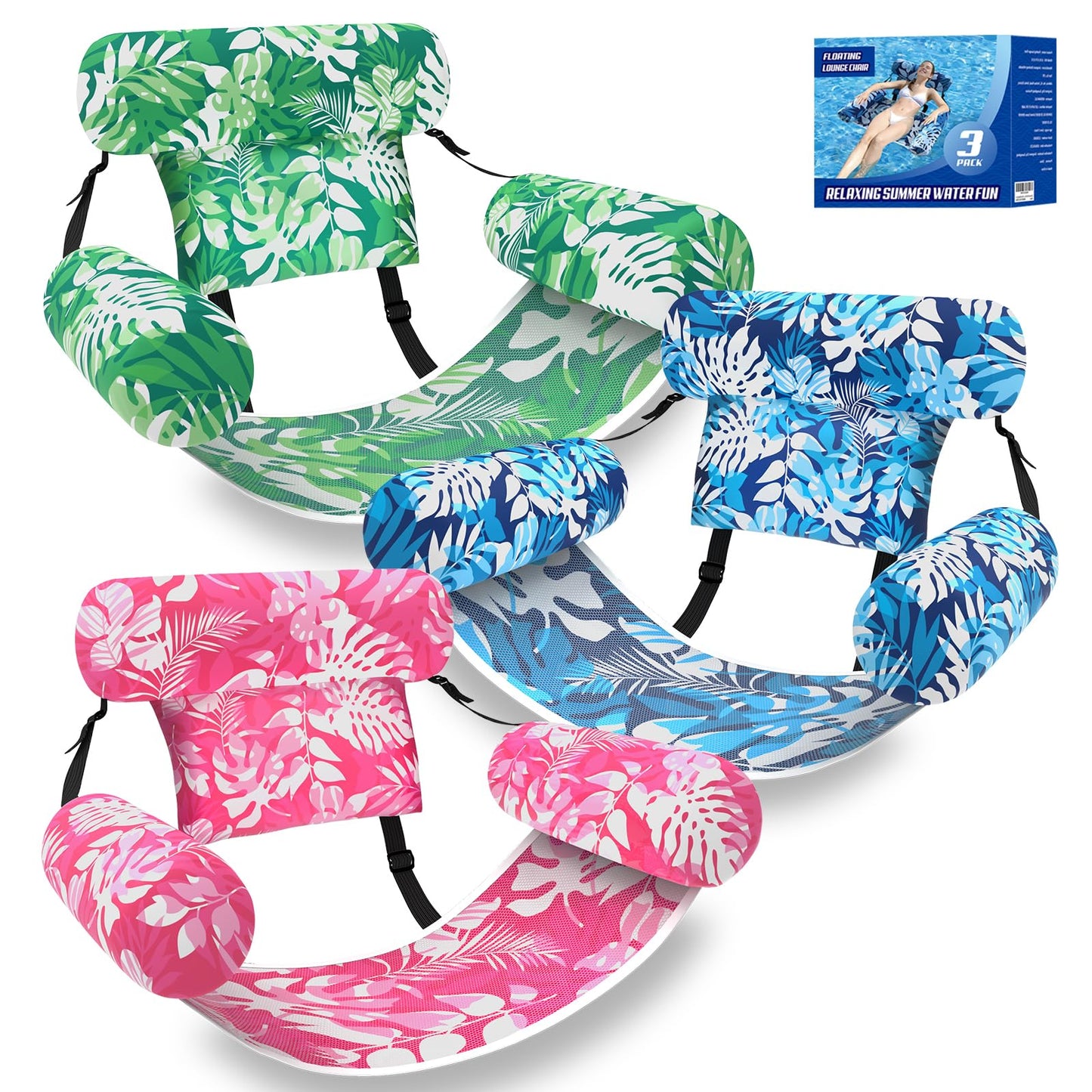 Nyrveua 3 Pack Pool Floats Adult, Adjustable Heavy Duty Inflatable Pool Floats Chair, Portable Pool Float Lounger for Adults & Kids, Pool Floaties Noodles for Summer Pool Beach Lake Party Relaxing Fun