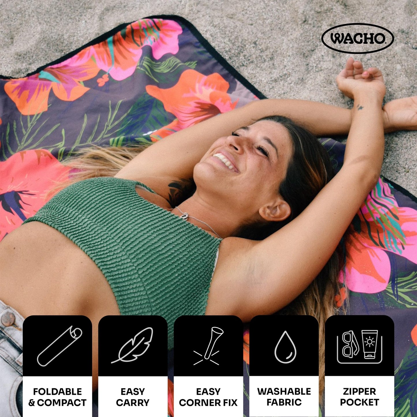 Wacho Beach Blanket Waterproof Sandproof and Picnic Blanket - Large Outdoor Blanket for Camping, Beach & Travel - Foldable Picnic Mat with Carry Bag- Beach Essentials - Hibiscus Floral