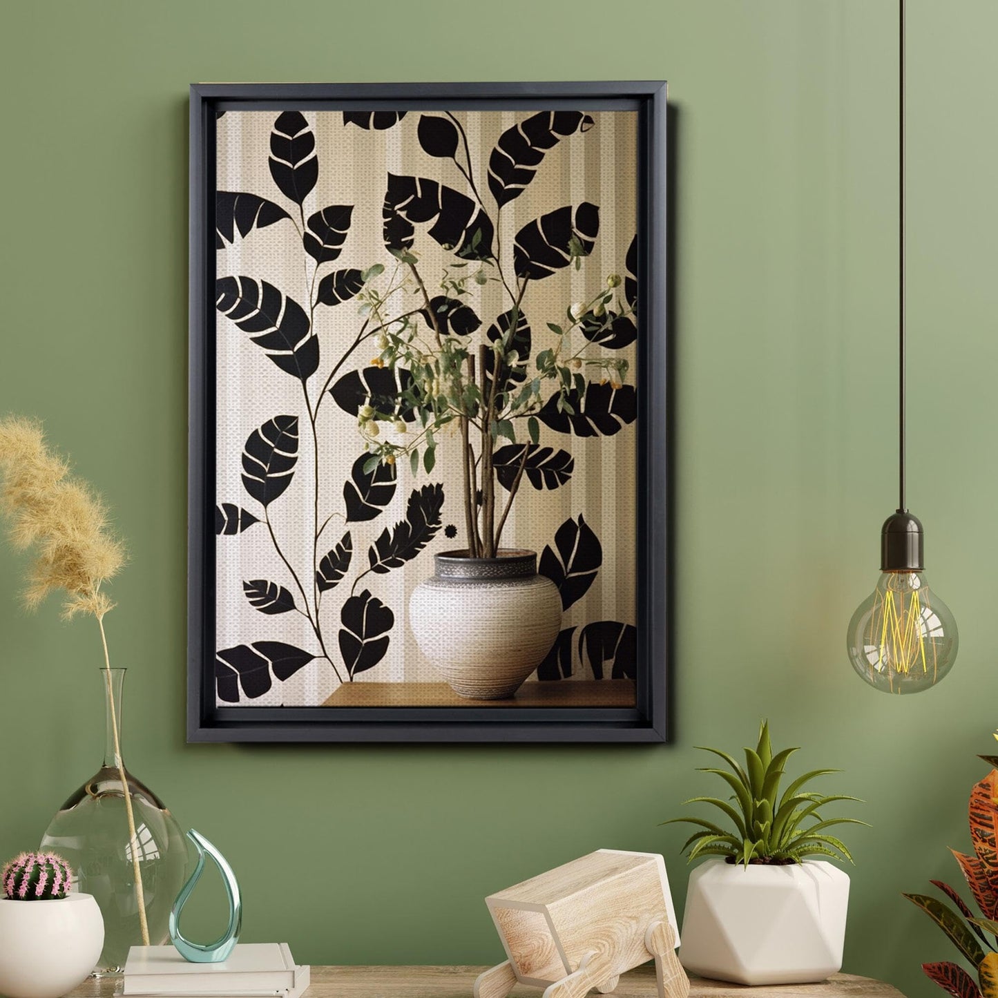 Scandinavian Folk Art, Black and Beige Abstract Botanical Wall Art for Scandinavian Home Decor