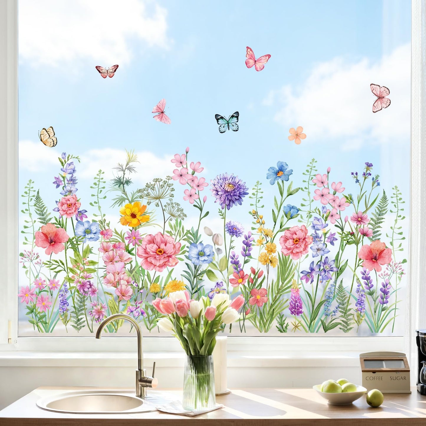 Supzone Colorful Wildflower Static Window Clings Double Sided Spring Summer Flower Butterflies Window Decals Anti-Collision Glass Door Mirror Decals