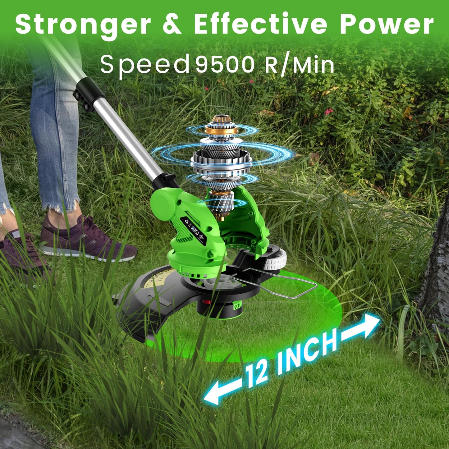 20V 12" Cordless String Trimmer With 2 X 4.0ah Battery and Charger, Electric Grass Trimmer Battery Powered Eater String, Edger Lawn Tool Grass Cutter With 8pcs Line, Lawn Mover For Yard, Garden, Green