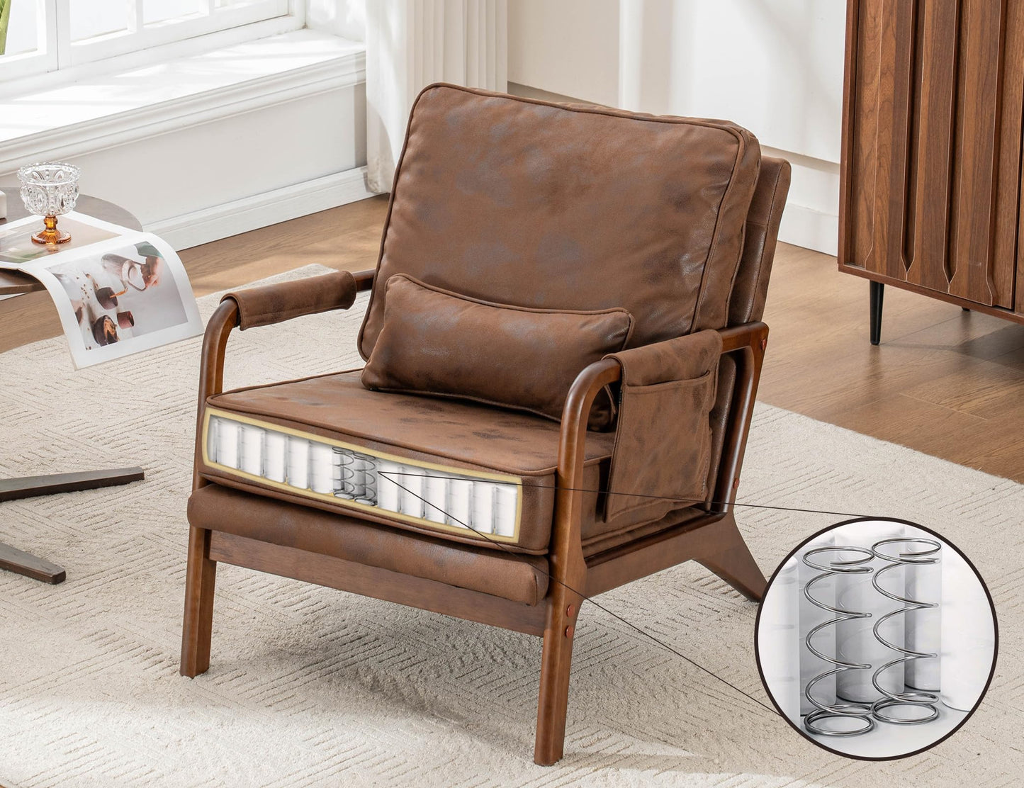 AILIUHUA Mid Century Modern Accent Chair with Pillow & Pocket, Upholstered Armchair with Solid Wood Frame & Soft Cushion for Living Room, Bedroom, Belcony, Sunroom (1, Brown)
