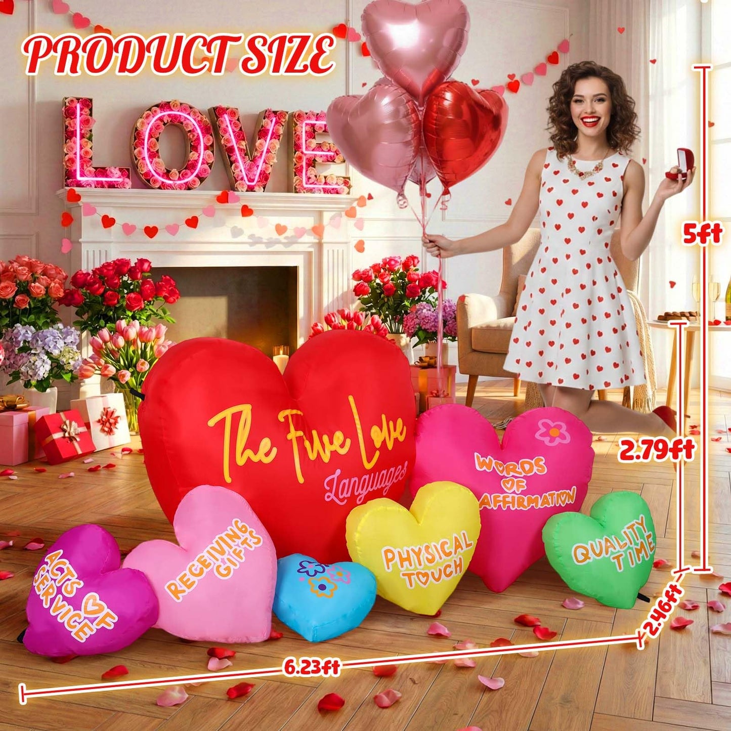 Valentines Inflatables Outdoor Decor, 6FT Long 5 Love Languages Hearts Blow Up Yard Decor with LED Lights, 7 Romantic Hearts Proposal Anniversary Wedding Lawn Garden Decoration, Weather Resistant
