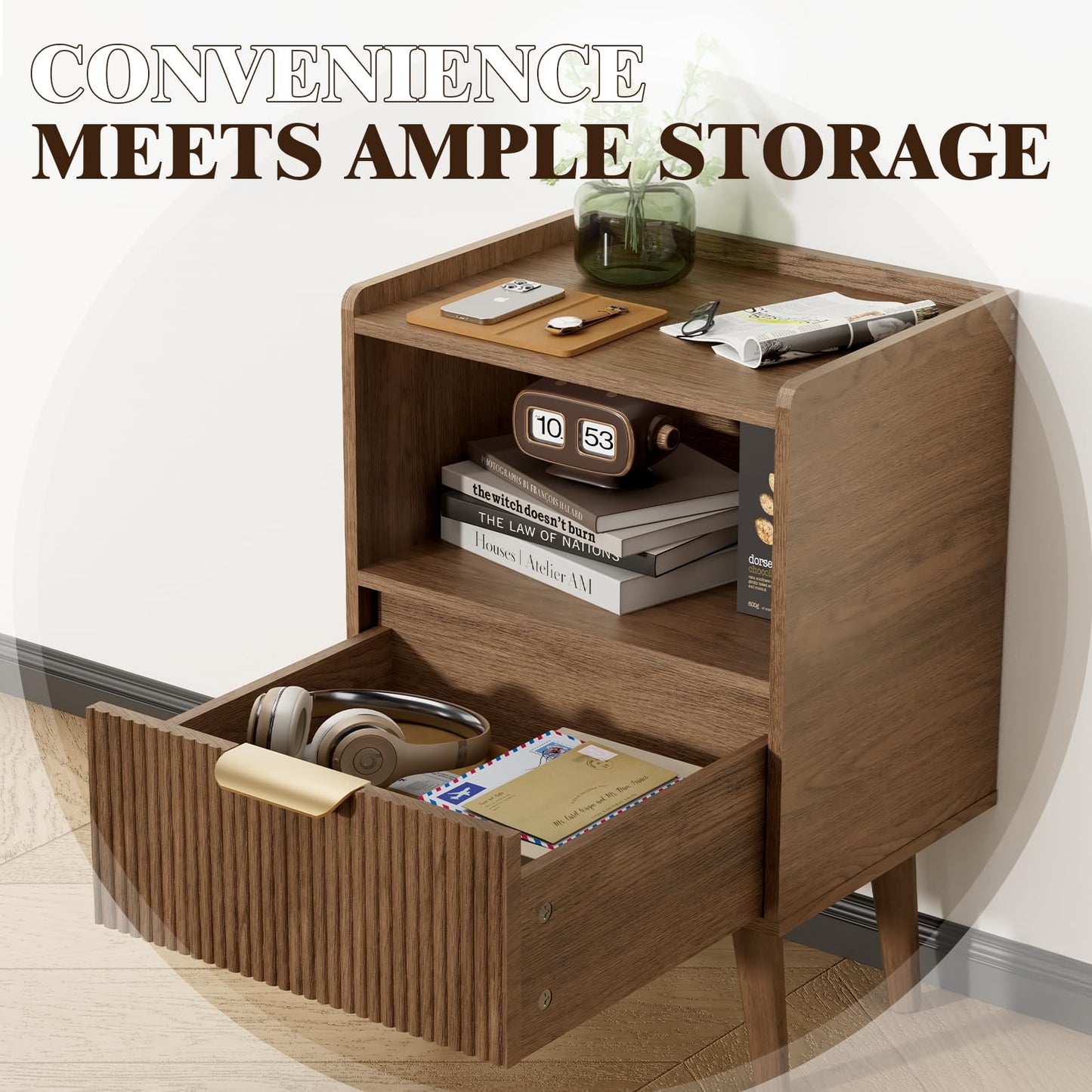 Apicizon Modern Nightstand with Storage Drawer and Open Wood Shelf, Fluted Night Stand with Solid Wood Legs, Bedside Table for Bedroom,Small Spaces, Easy Assembly,Walnut