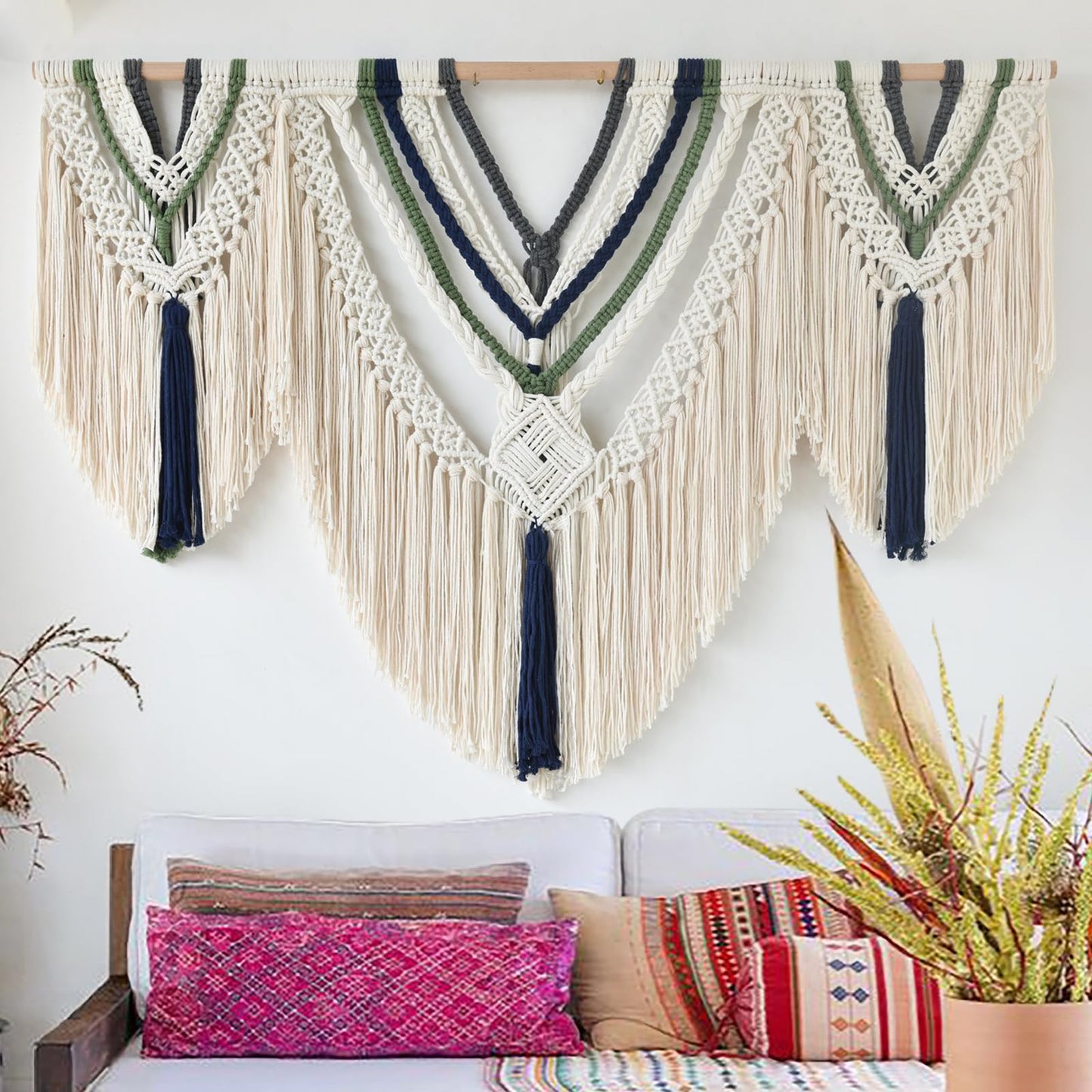 Jakalin Macrame Wall Hanging Boho Wall Decor Yarn Wall Art For Bedroom Living Room, Ivory Blue Green