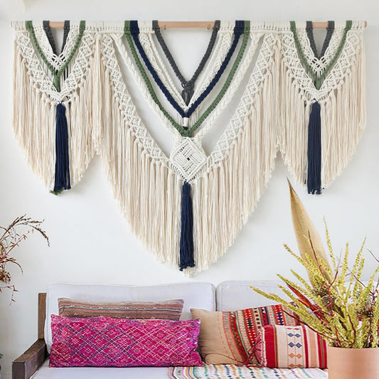 Jakalin Macrame Wall Hanging Boho Wall Decor Yarn Wall Art For Bedroom Living Room, Ivory Blue Green
