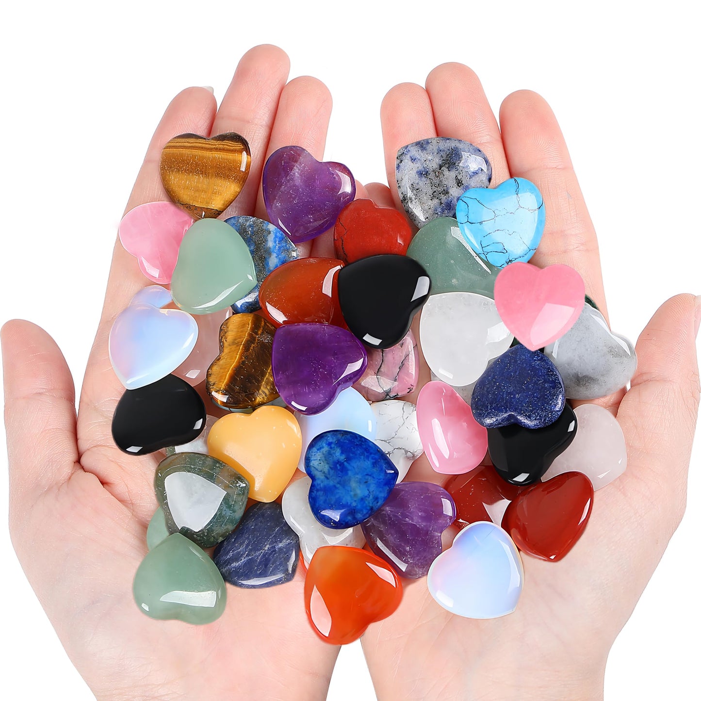 20PCS Crystals and Healing Gemstones Gem Stones Heart Crystal QINJIEJIE Natural Rose Quartz Pocket Amethyst Hearts Palm Stone Polished Crystal Set Bulk Chakra Reiki Good Luck Gifts for Women 0.8"