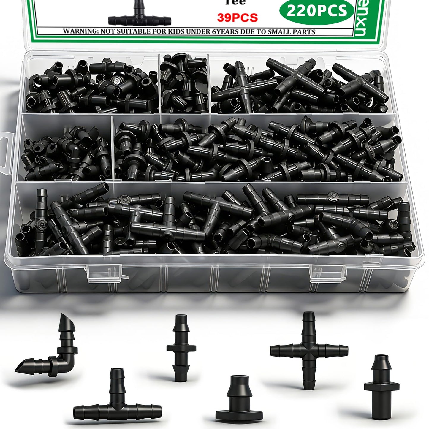 Aienxn 220PCS 1/4" Drip Irrigation Kit Barbed Connectors, Straight Barb, Tee, Single Barb, End Plug, Elbow, 4 Way Coupling Irrigation Fittings for Garden Lawn Flower Pot