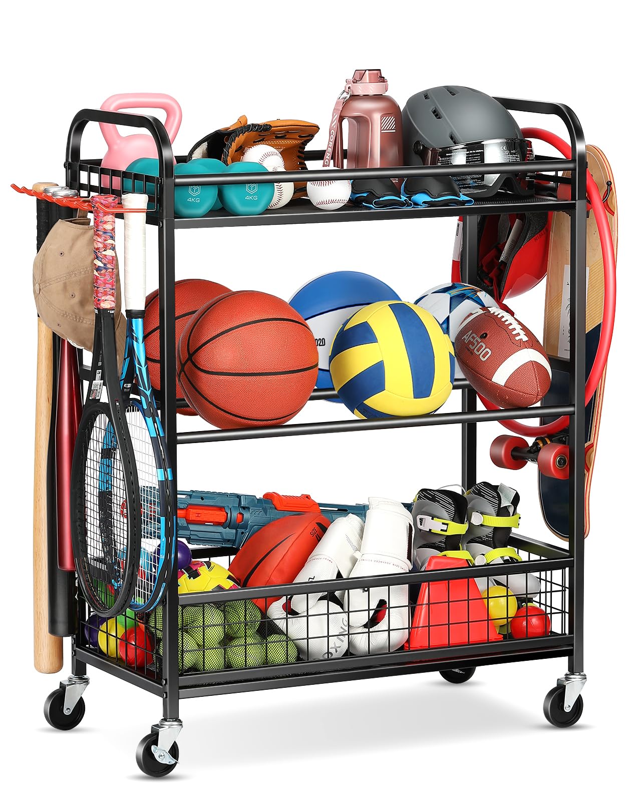 EXTCCT Ball Storage Sports Equipment Organizer - Garage Storage Cart Rolling Ball Storage Rack with Hooks Wheels Outdoor Indoor Gym Gear Toy Holder Bin for Basketball, Baseball, Soccer