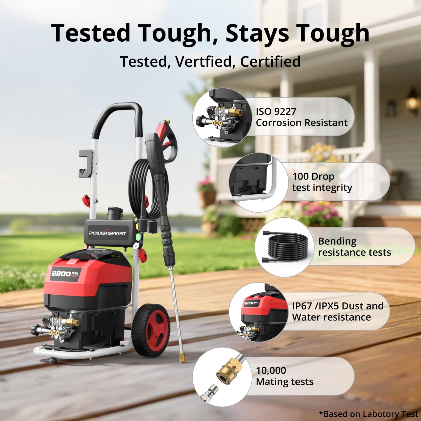 Electric Pressure Washer, 2800 PSI Max, 2.0 GPM, 8" Wheels, 5 Spray Tips and 1.5L Foam Tank, for Patio, Car, Driveway, Fence & Home Cleaning