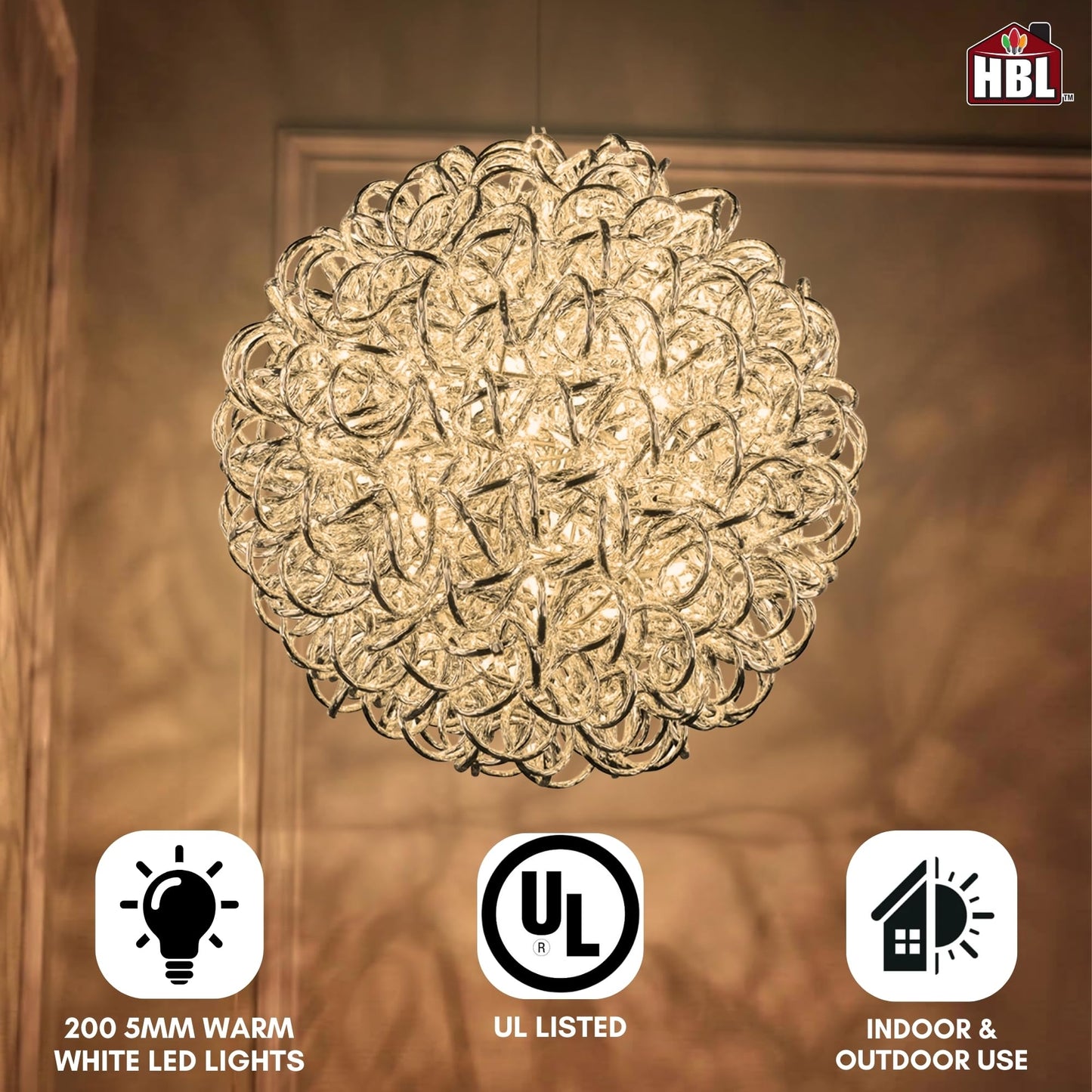 Holiday Bright Lights 18" Silver Spiral Orb Outdoor Hanging Sphere Lights Porch Decor, 200-Light 5MM Warm White LED Bulbs