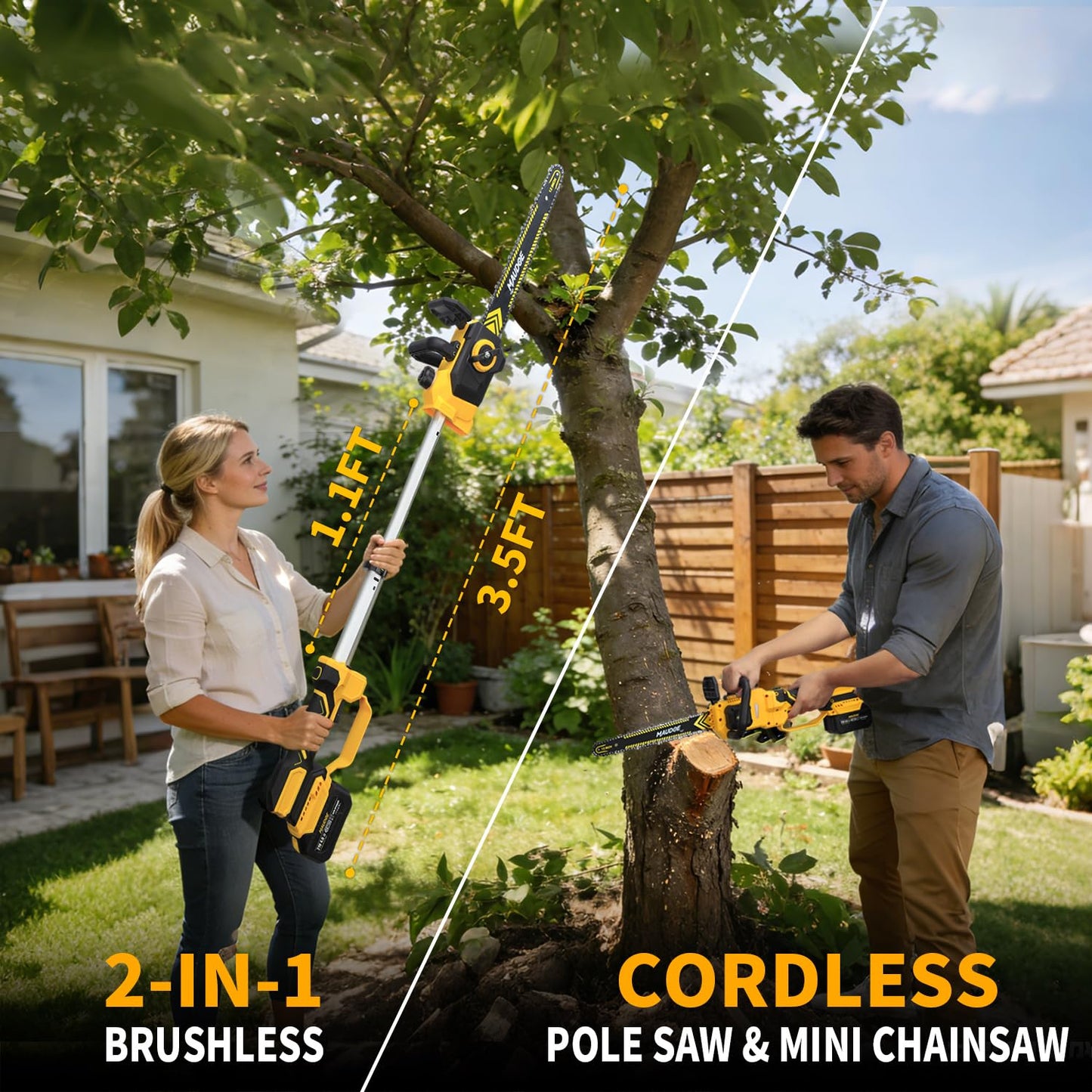 MAUDOE 12" Telescoping Codless Chainsaw, 2-in-1 Cordles Pole Saw with 2 x 4.0Ah Batteries, 21V Brushless ChainSaw with 2 Chains & 2 Guide Plates, Tool-Free Tension, for Tree Trimming & Branch Cutting
