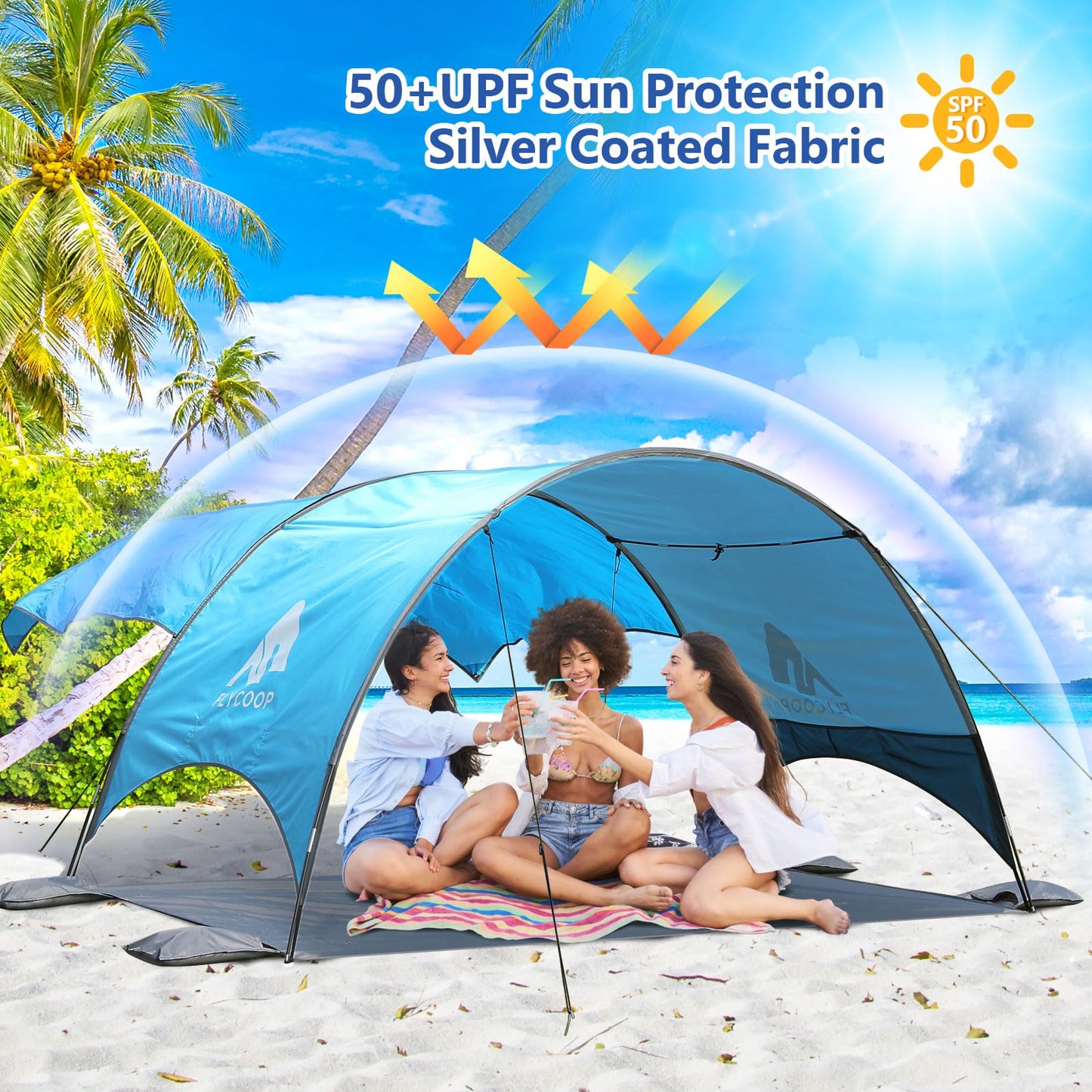 Flycoop 2026 Beach Tent with Floating Shade Sail – Portable & Ventilated Beach Umbrella Canopy with 360° Airflow, Dual Side Pockets & Extra Sun Coverage (3–4 People, 106 * 65 * 62"+75"*98" Sail)