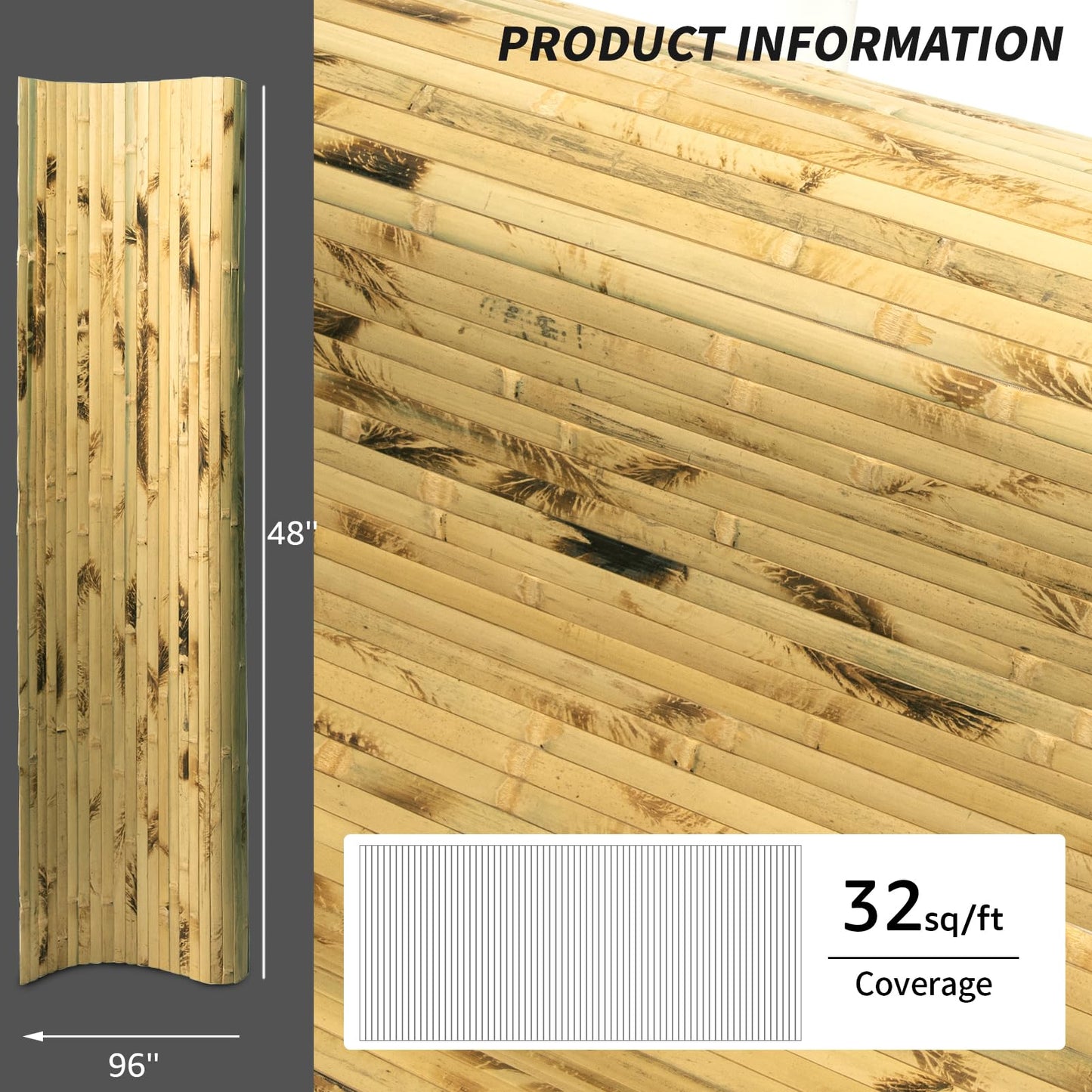 Art3d Natural Bamboo Wall Panel for Interior Wall Decor, Renewable Pole Wrap Wainscoting Paneling for Wall Ceiling Furniture Cabinet Office, 48 x 96 Inch - Light Burned