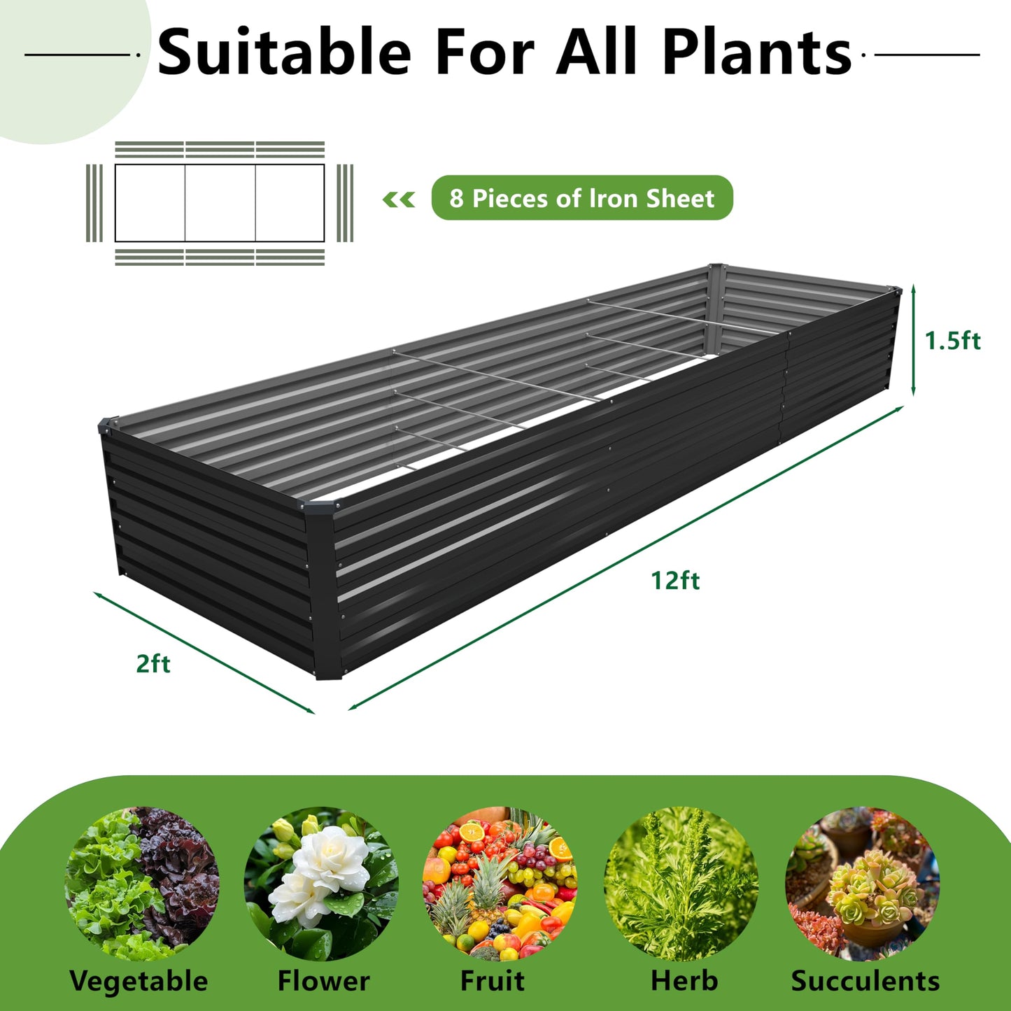 DIIYIV 12x2x1.5FT Galvanized Raised Garden Bed,Vegetable Boxes-Rectangle Metal Flower Box,Large Planter Raised Beds Outdoor Garden for Planting,Fruit,Herb-Black