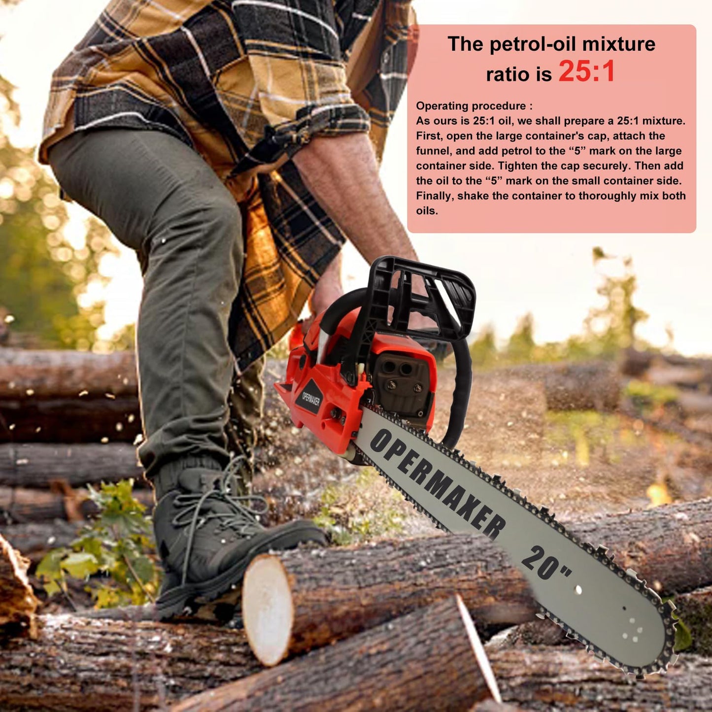 OPERMAXER 58CC 20 Inch 2-Cycle Gas Chainsaw, 12500r/min 3.8 HP Gas Power Chainsaws Handheld Cordless Petrol Chain Saw, Protective Design for Wood Cutting Garden Farm Home(Red)