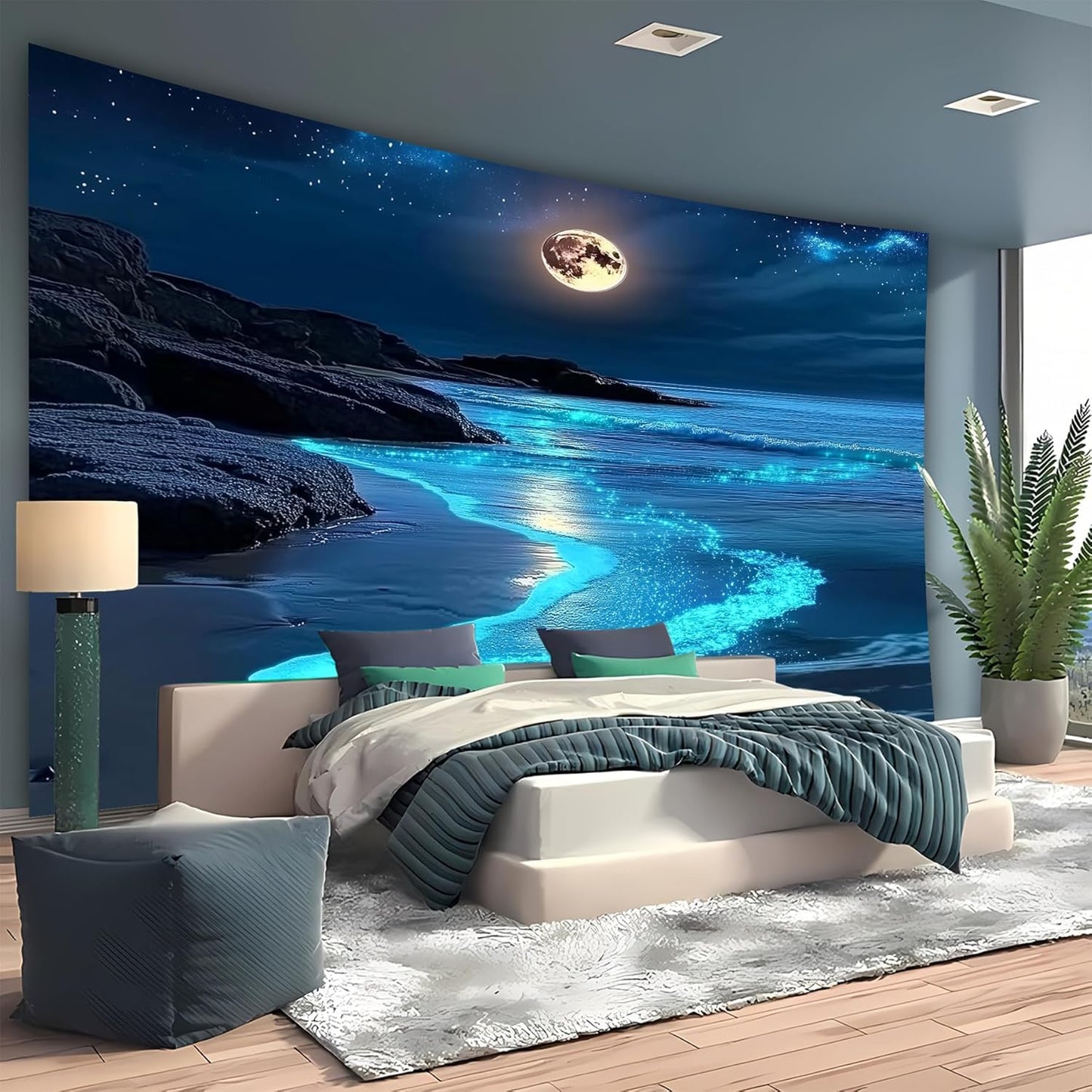 FENDROM 3D Fantasy Nature Sky Tapestry Stunningly Beautiful Moon Over Ocean Wall Hanging Landscape Wall Art Blanket for Bedroom Living Room