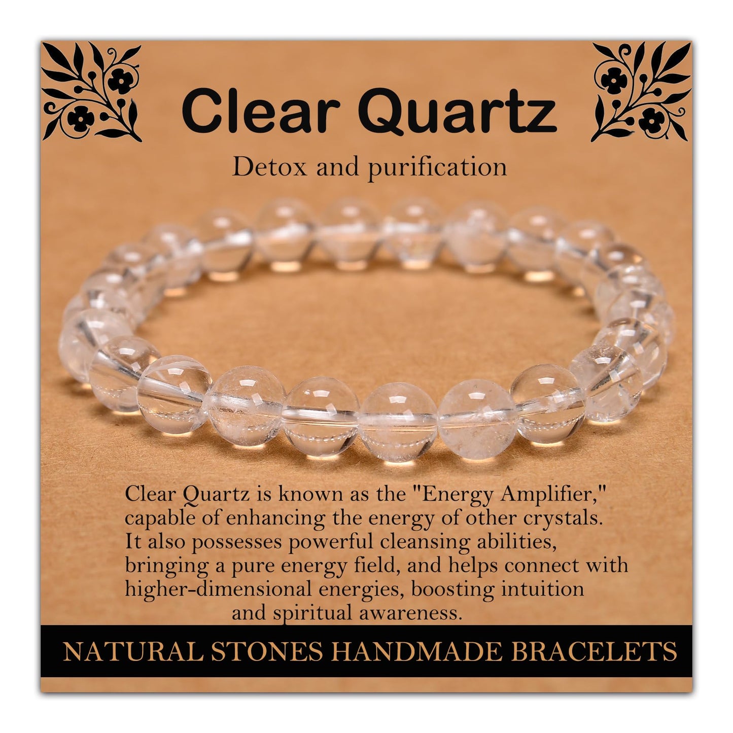 Handmade Natural Gemstone Elastic Bracelet - Healing Crystal Beads Jewelry, Unisex (Clear Quartz, 8mm)