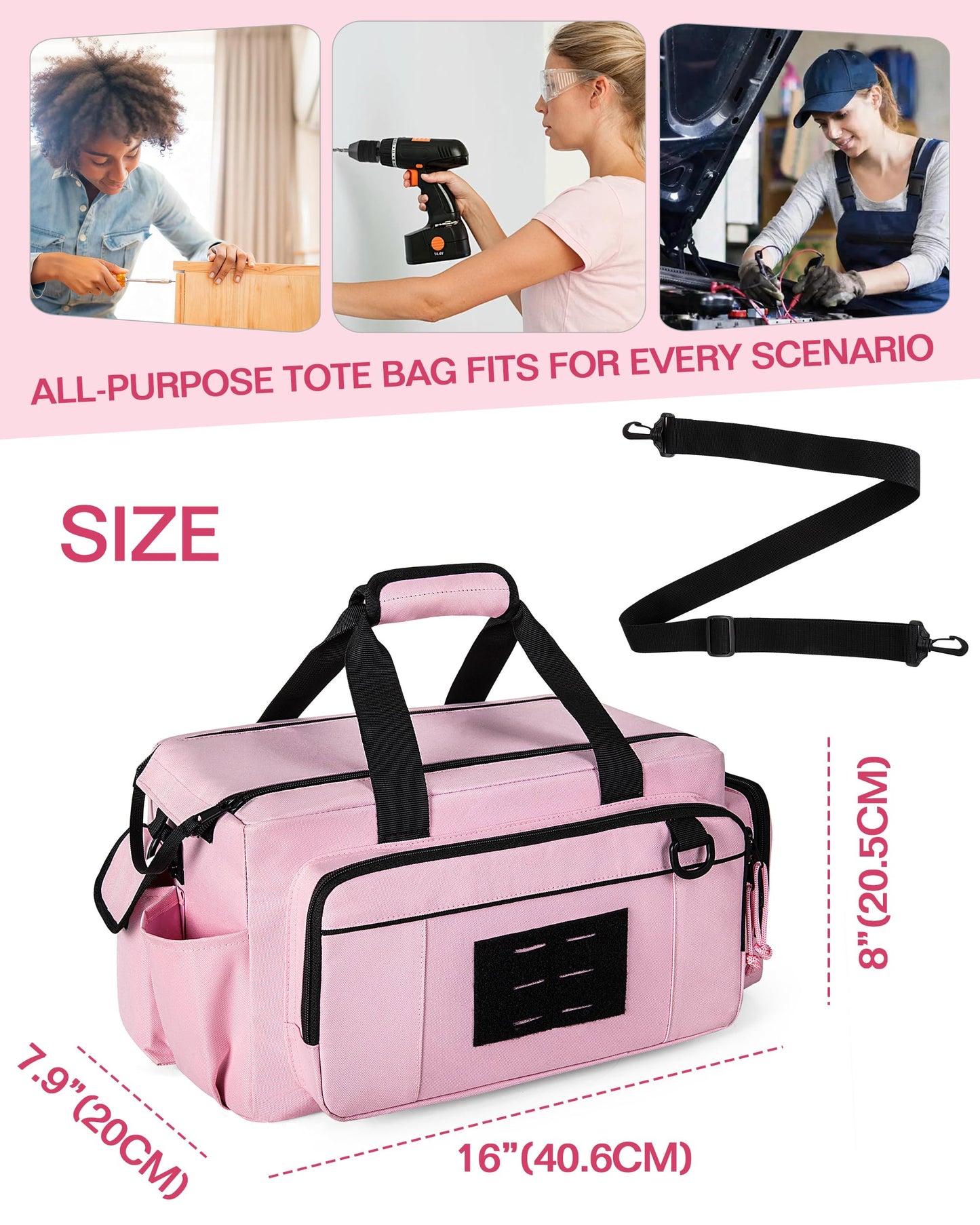 Trahzia Tactical Tool Bag for Women, 16 Inches Tool Storage Organizer Box with Wide Mouth, Large Toolbag Toolbox with Handle, Pink (Empty Bag Only)