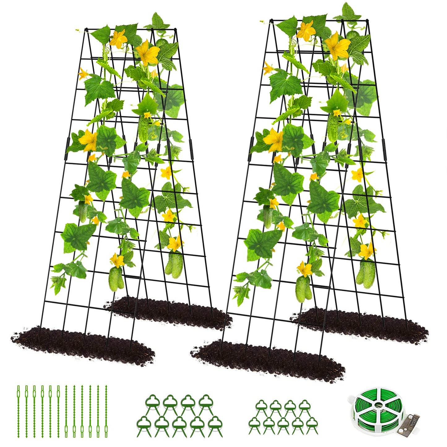 DoCred Cucumber Trellis, 59" High 2 Pack Foldable A Frame Trellis for Raised Bed Climbing Plants, Vegetables, Includes Plant Support Clips, Twist Ties, Plastic Ties- Made from PVC-Coated Steel