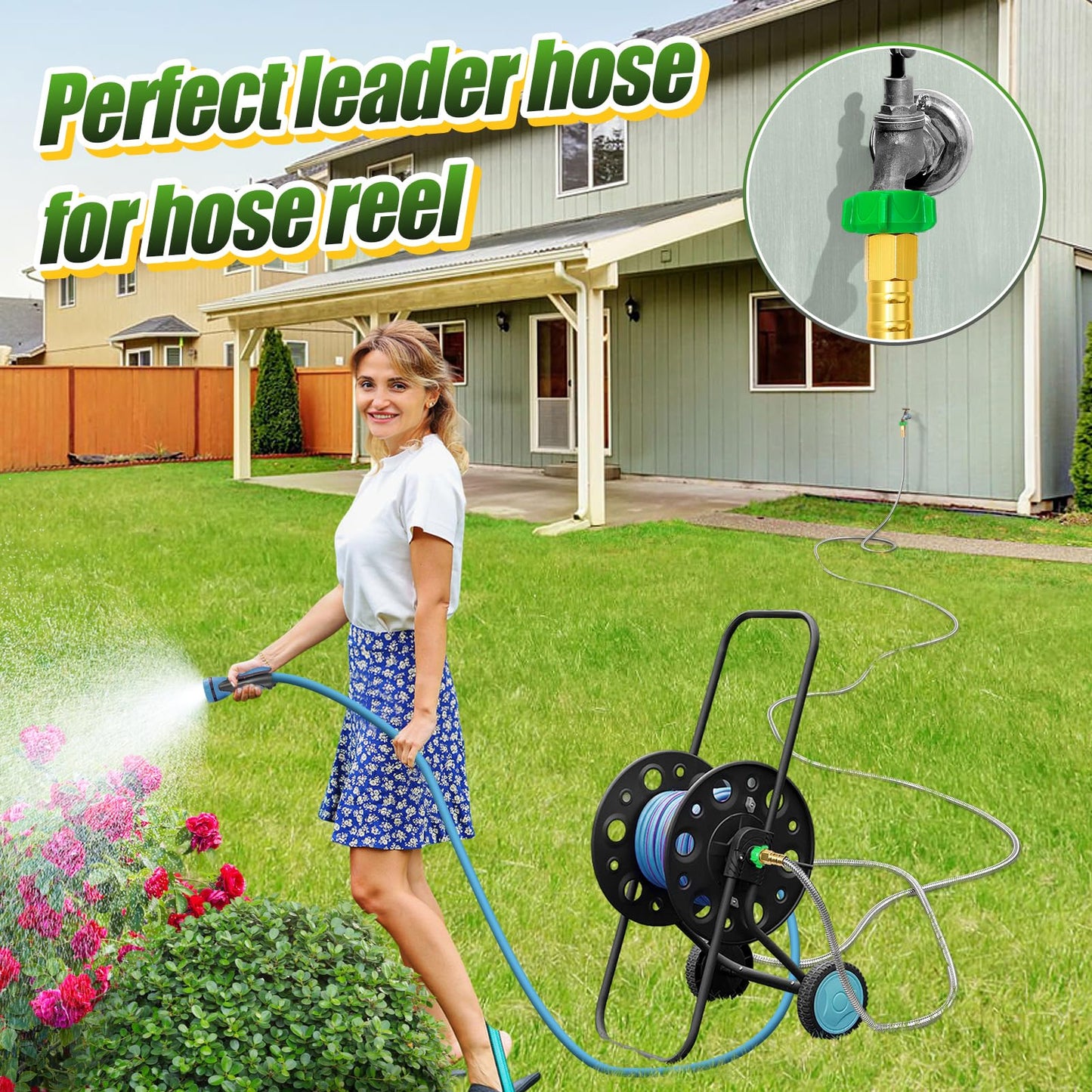 Garden Hose with Female to Female Connector - 25ft Metal Leakproof Leader Hose for Reel, Heavy Duty 304 Stainless Steel Flexible Water Pipe for Outdoor Garden Watering Car Pet Cleaning