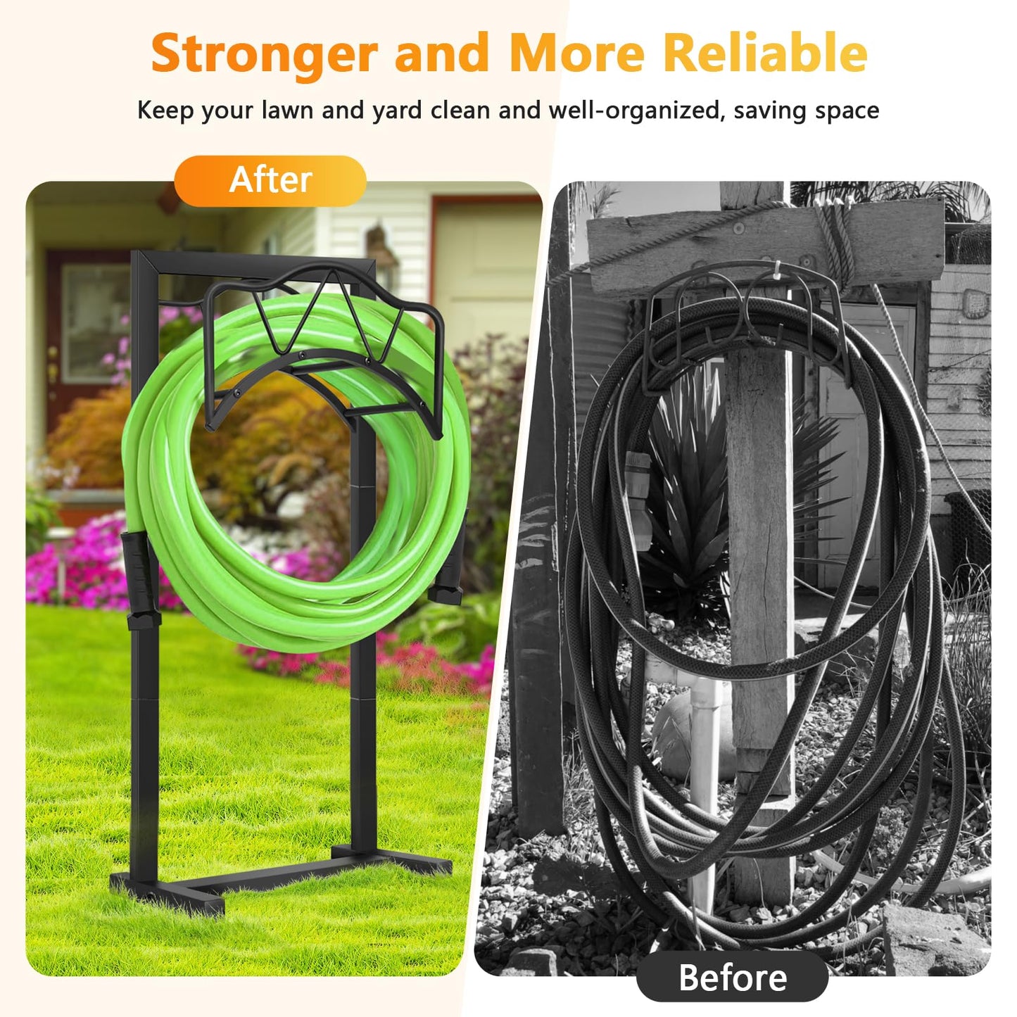 Freestanding Outdoor Garden Hose Holder, Heavy Duty Metal Storage Stand with 4 Spikes, Space Saving Organizer for Patio, Lawn, Backyard, Holds up to 150ft Hose, Black
