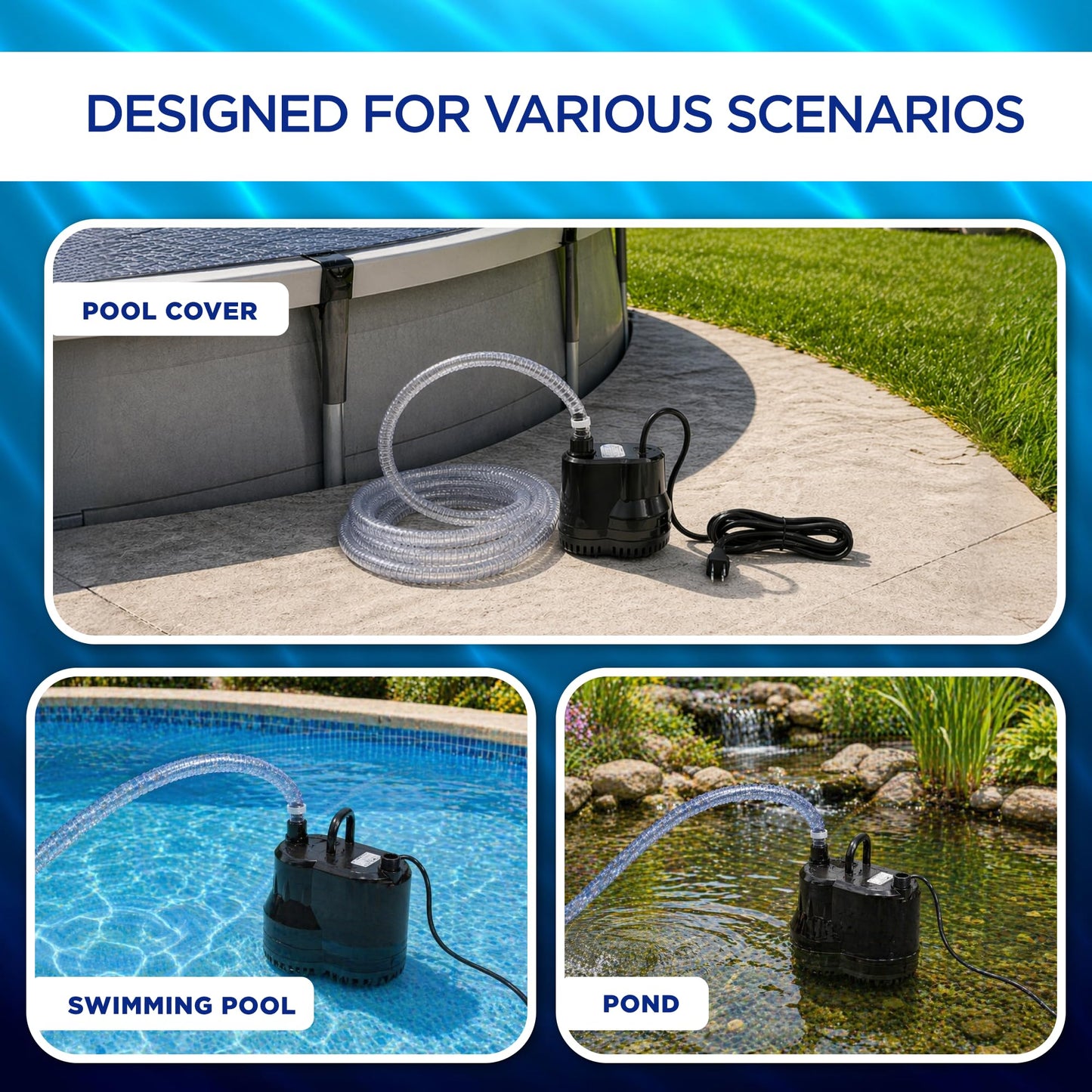 FibroPool 75W Submersible Pool Cover Pump – 10 GPM, 16 ft Hose Included – 120V Electric – Above Ground & Inground Pools, Spas & Ponds – ABS Plastic