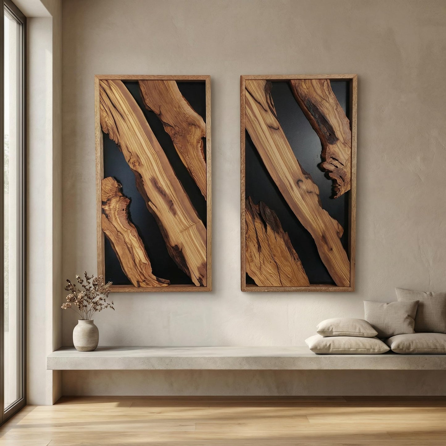 Natural Wood Framed Olive Wood Wall Art - Single Panel Solid Wood Decor for Living Room, Office, Bedroom & Entryway - Handcrafted Live Edge Hanging 14"x20"