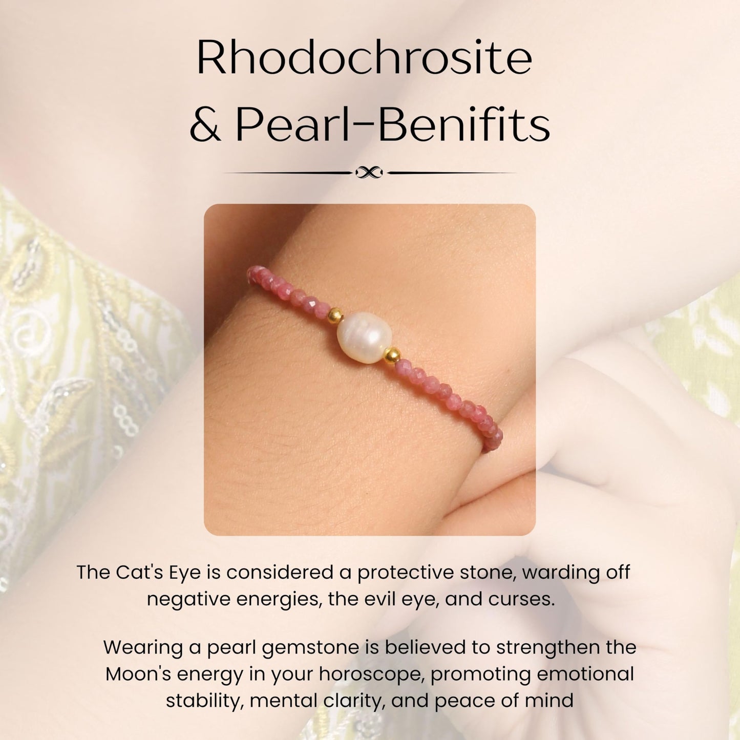 A&M Gems 2.5-3 mm Natural Rhodochrosite Round Faceted Beaded Bracelet with Pearl Crystal Jewelry, Brass Gold Plated Bracelet, 1-Inch Adjustable Chain, Handmade Bracelet, 7-Inch, Gifts for Women