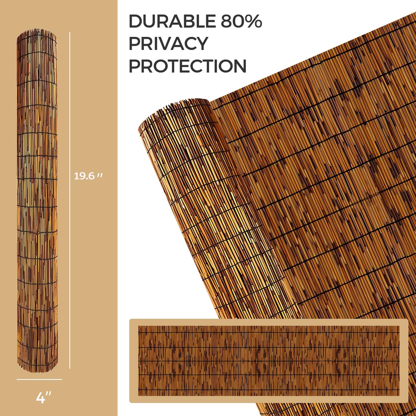 GALTEED Bamboo Reed Fence Roll,Decorative Reed Fencing 4ft High Roll Reed Screen,Balcony Reed Fence Bamboo Screen Fencing for Outdoor Backyard Patio (4X19.6FT)