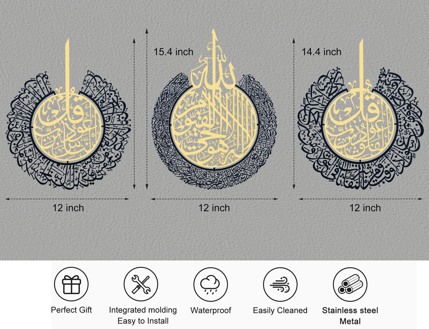 BoiCkyo Islamic Wall Art Decor Metal and Stainless steel- Handmade Arabic Calligraphy Quran Verses for Muslim Home, Living Room & Pray Room Wall Decor, Eid Ramadan Gift for Families,set of 3