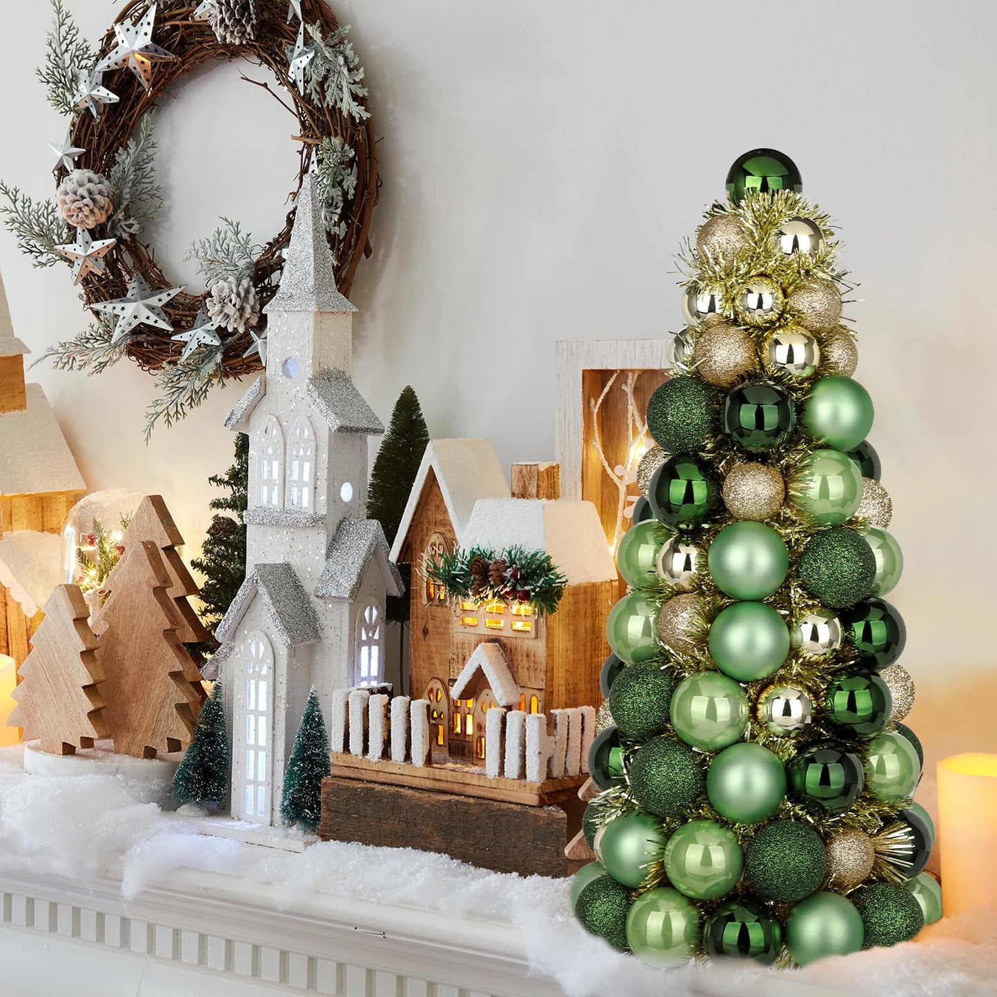 16" Tabletop Christmas Tree Small Green Gold Christmas Tree Decorations with 94 Shatterproof Ornaments Balls Christmas Centerpiece Mini Cone Xmas Tree for Holiday Party Wedding Table Desk Mantel Decor