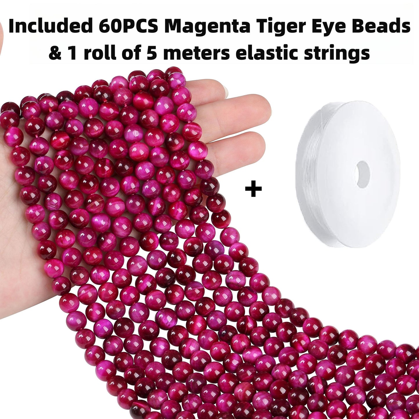QINJIEJIE 60PCS Magenta Tiger Eye Beads 8mm Stone Beads Round Loose Gemstone Bead for Bracelet Beading Crystal Jewelry Making DIY Necklace Earrings 0.32"