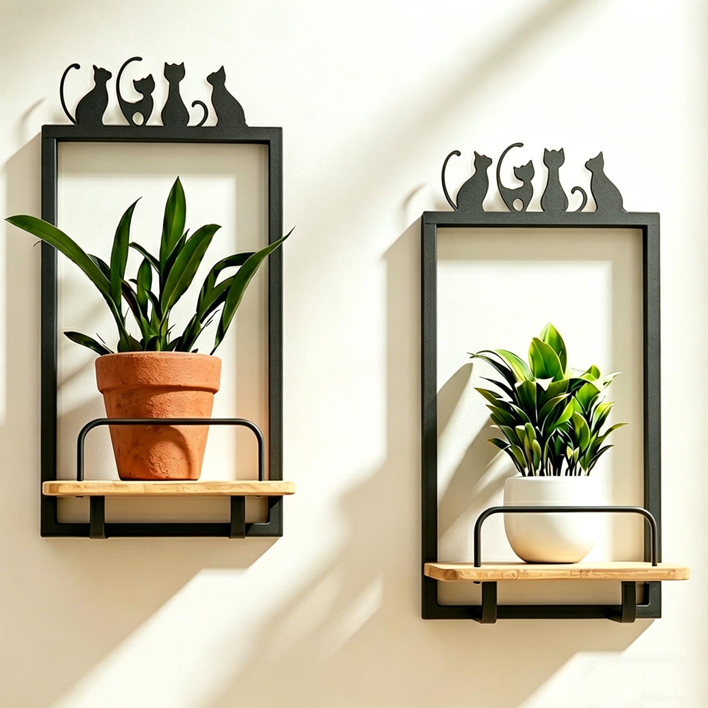 Shineled Wall Planter for Indoor Plants 2 Pack, Wall Mounted Plant Holder for Small Plants, Floating Wall Shelf for Plants, Real Oak Wood, Magnetic Animal Decor, Home Wall Decor (Cat)