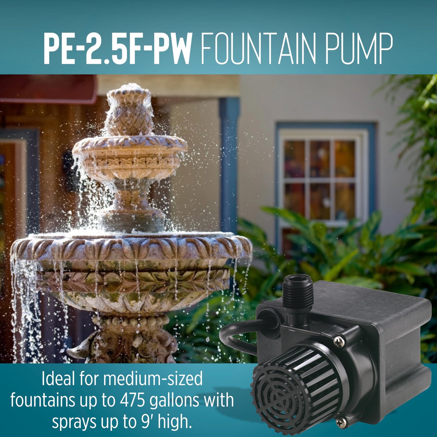 Little Giant PE-2.5F-PW 115 Volt, 1/28 HP, 475 GPH Submersible Direct Drive Pump for Small Ponds or Fountain with 15-Ft. Cord, Black, 566612