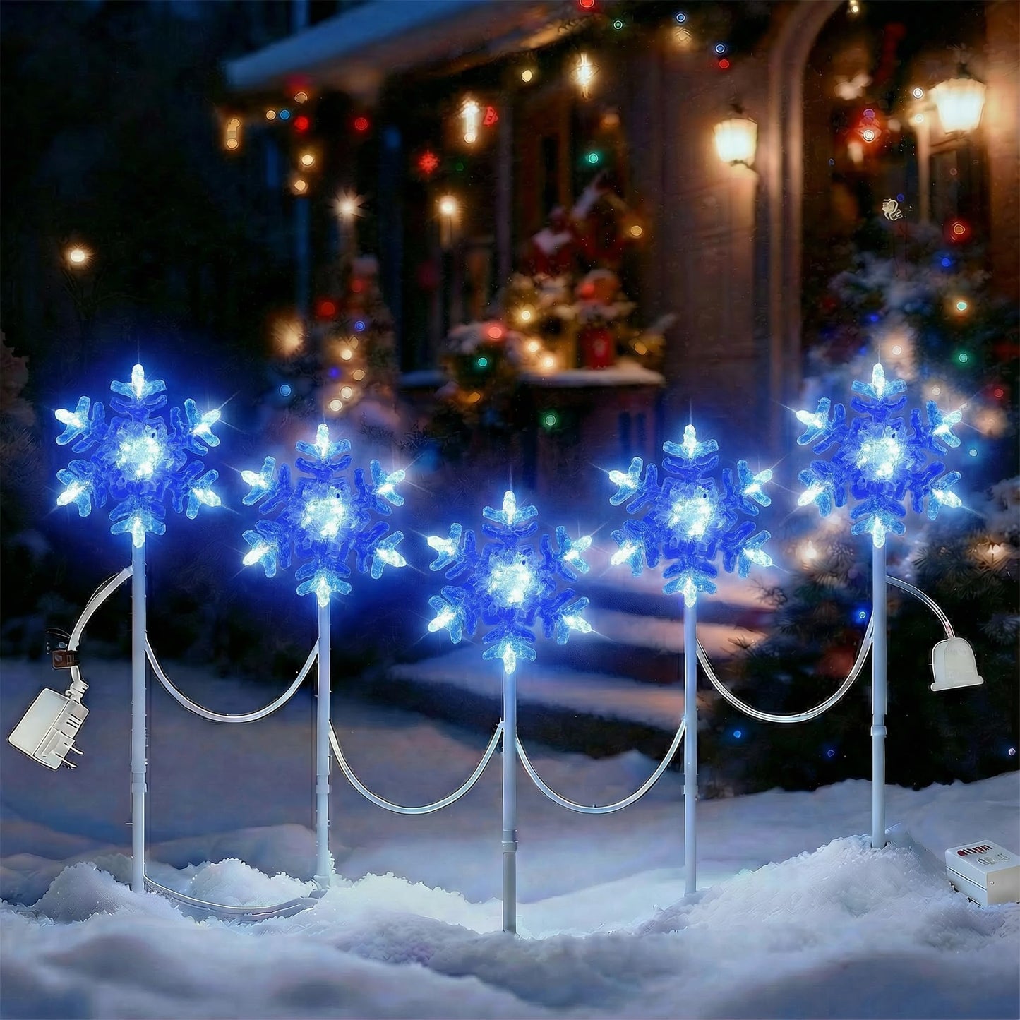 Snowflake lights outdoor 3D Crystal Cool White and Blue Chasing Led 9 ft set of 5 Yard Stake Snowflake Christmas Pathway Lights Connectable Christmas Decorations Outside for Yard Path Lawn Patio Decor