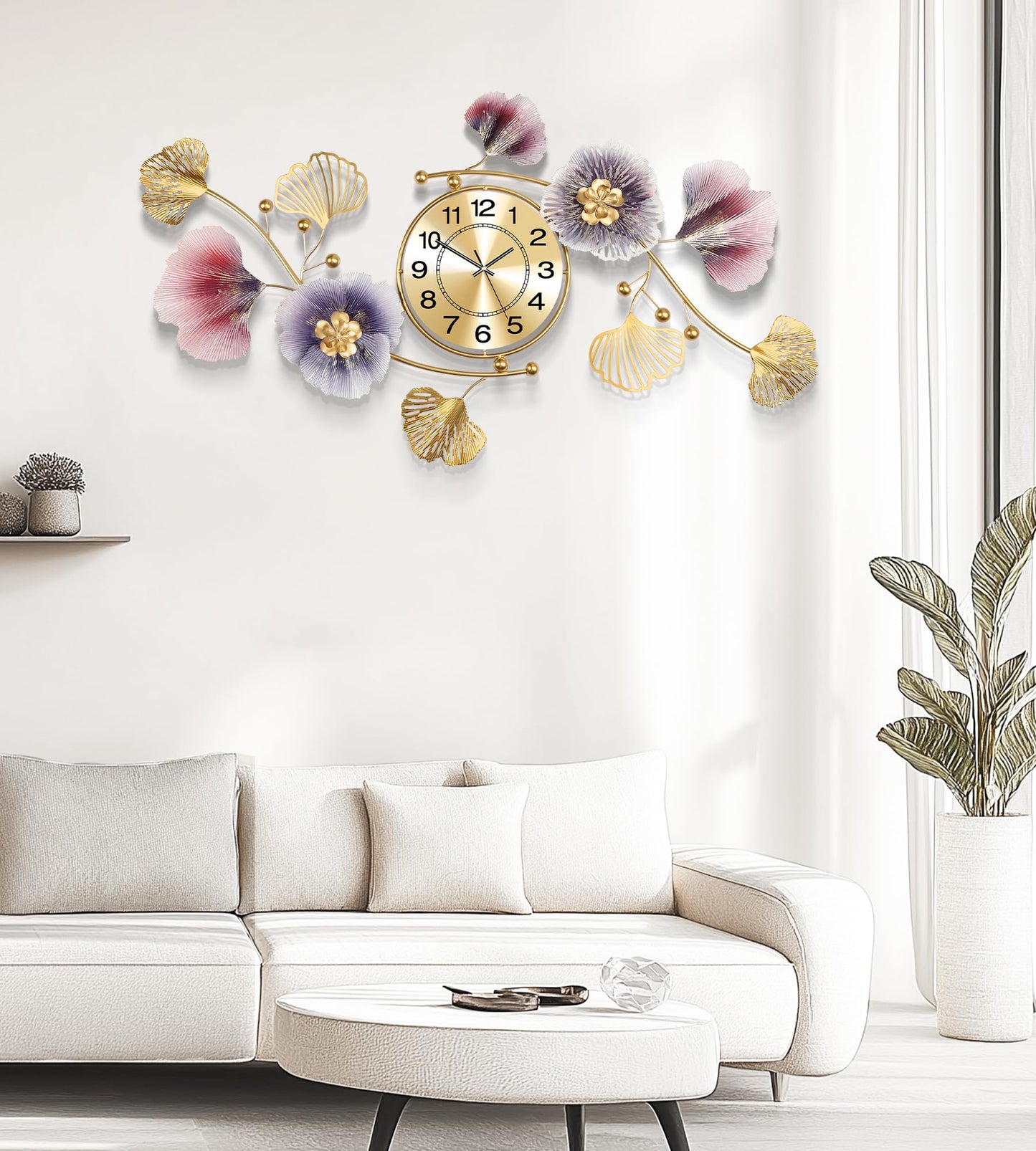 Axioglo Wall Clocks for Living Room Decor,Large Wall Clock,3D Creative Metal Ginkgo Leaf Design,with Silent Movement Wall Clocks for Home Wall Decor Clock（33"x18"）