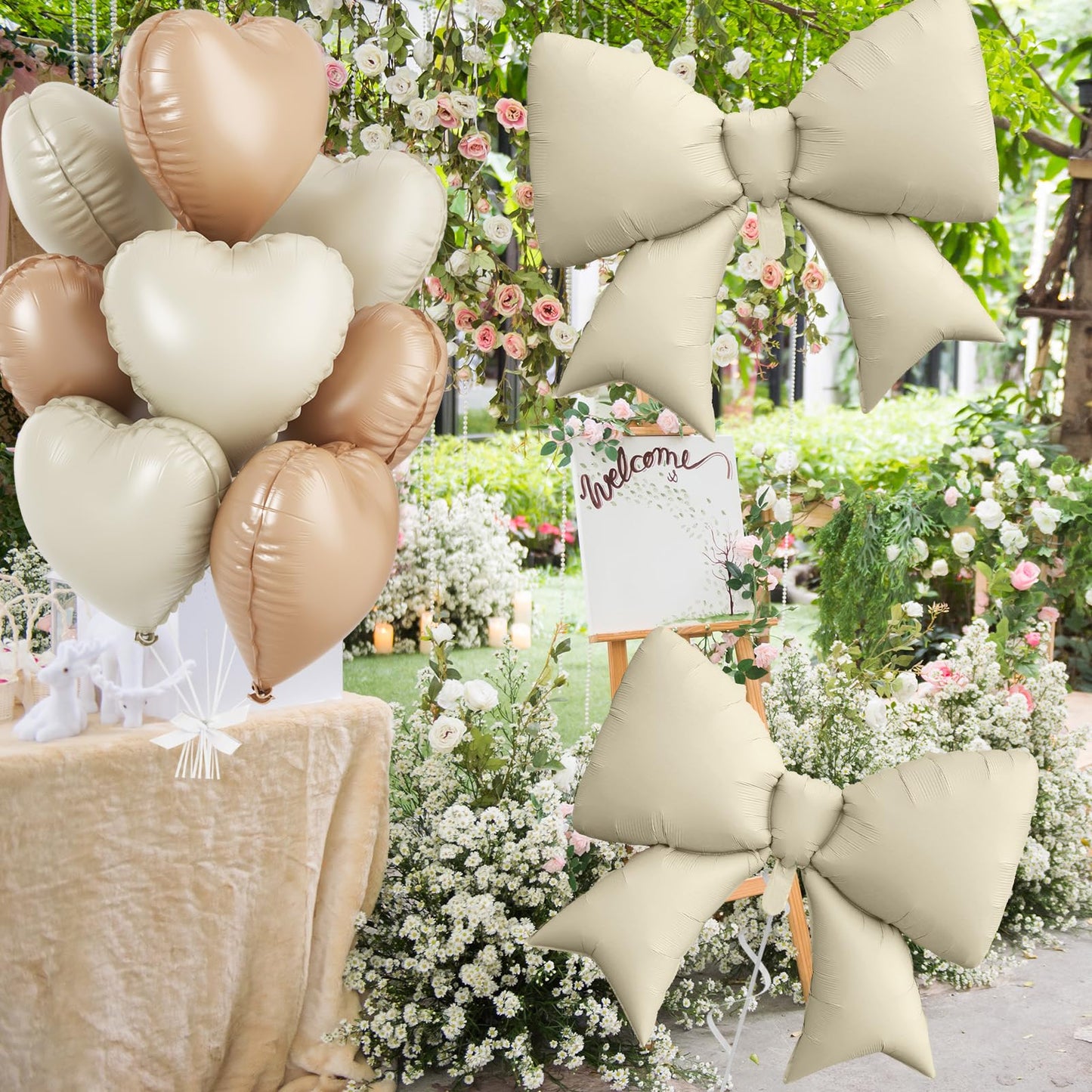 Cream Heart Balloons, Bow Party Decorations with 10Pcs 18 Inch Beige Heart Shaped Balloon, 38 Inch Helium Cream Bow Balloon for Birthday Valentines Engagement Baby Shower Bridal Wedding Party Decor