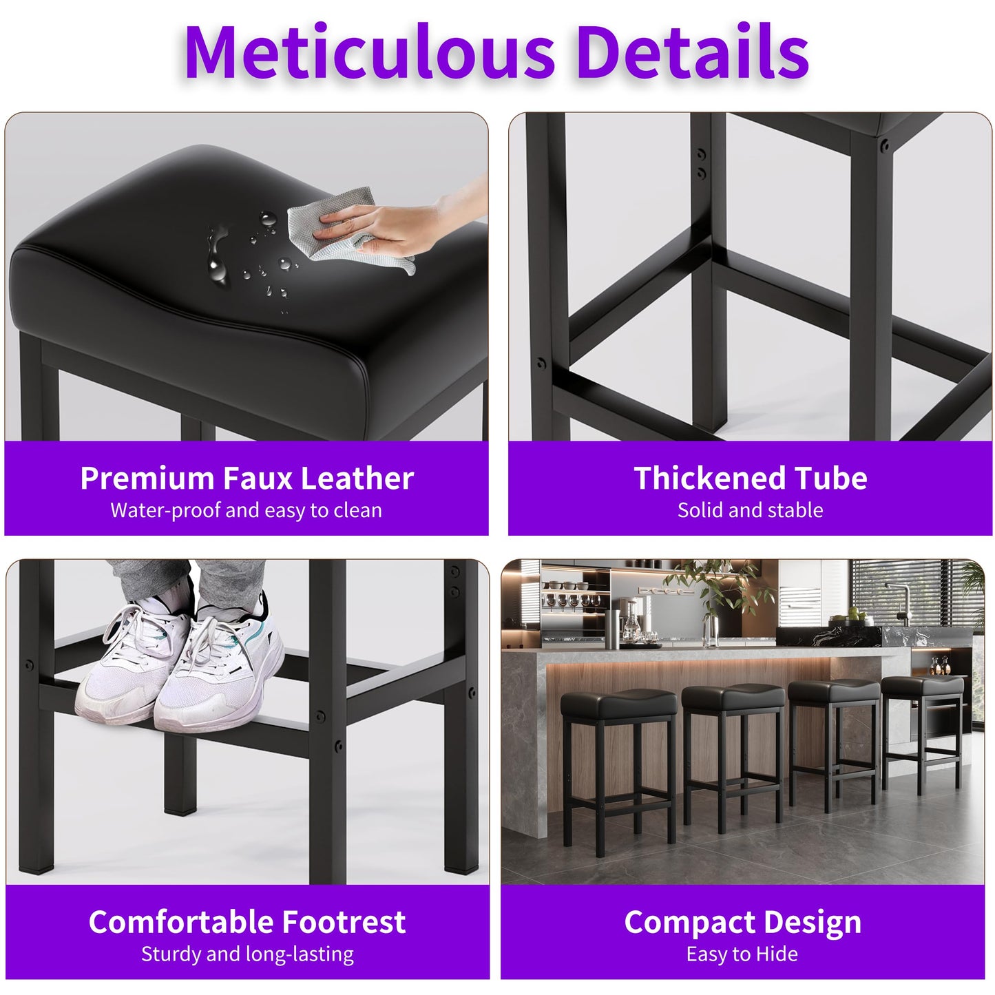 Monhey 30 Inch Bar Stools Set of 2 - Counter Height Bar Stools with Soft Leather Seat, 300LB Heavy Duty Backless Padded Barstool Chair Easy Assembly for Modern Kitchen Island Counter (Black)