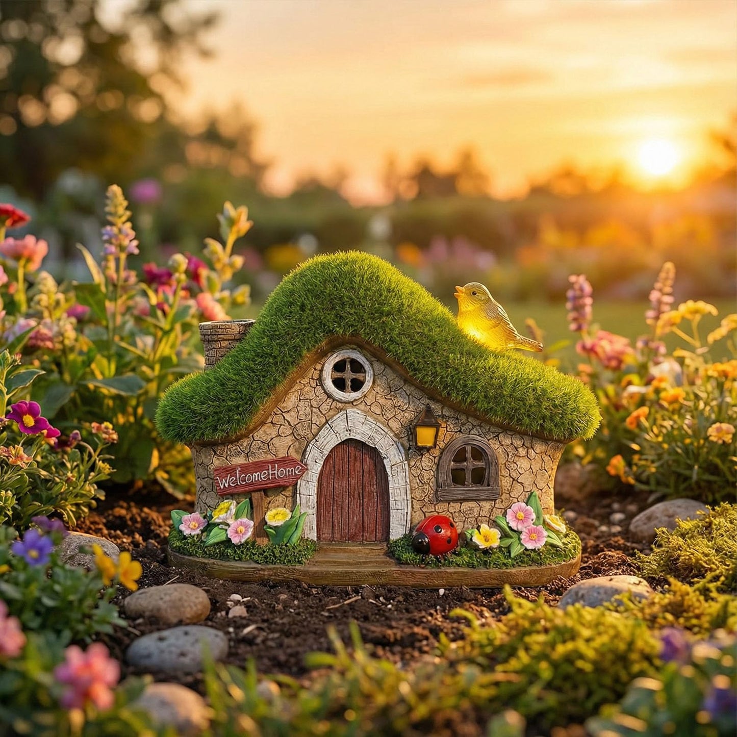 EKQ Resin Fairy House Statues with Solar Lights Outdoor for Garden Decor Funny Birds Ladybird Flocked Fairy House with Garden Figurine Patio Yard Lawn Decorations Gift for Mom Women (Green)