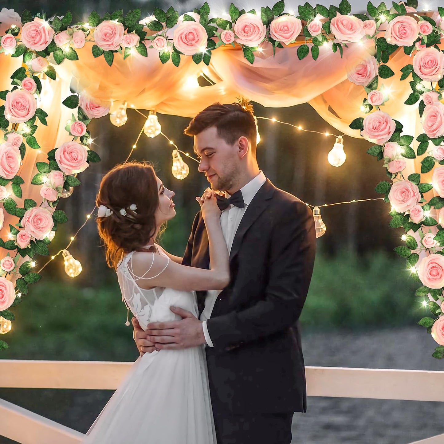 2 Pcs Flower Garland with 19.6 Ft Lights, 13.2 Ft Pink Floral Garland Fake Flowers for Wedding Arch Party Wall Garden Room Decor