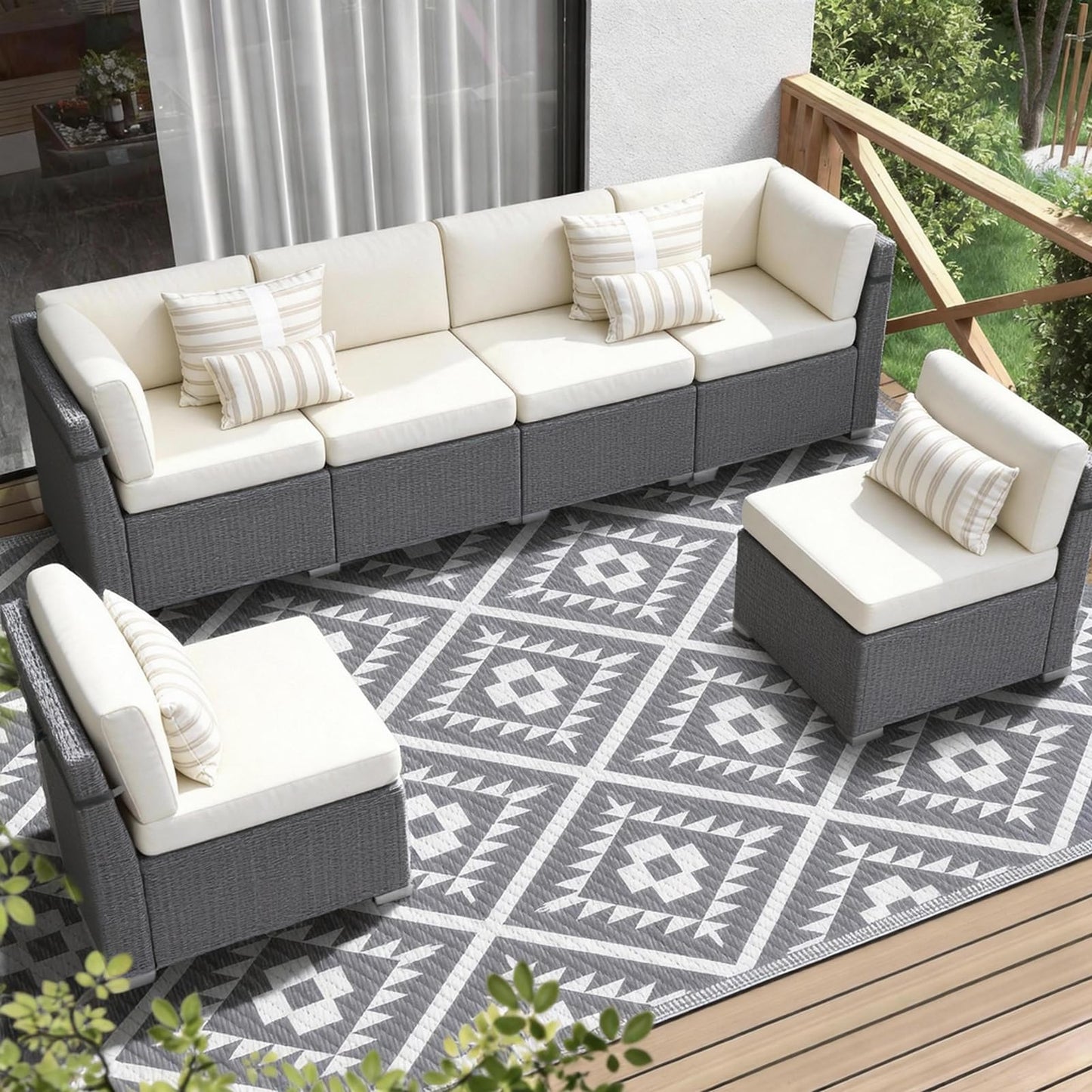 COOLTOP 8'x10’ Outdoor Rug for Patios Porches, Waterproof Plastic Camping Rugs, Modern Reversible Mat, Large Area Rugs for Backyard, Deck, RV, Balcony, Picnic, Beach, Grey & White