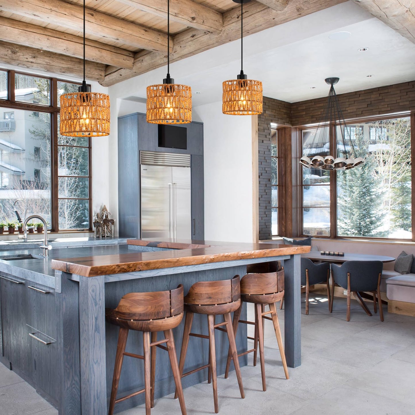 KENMI Woven Pendant Light Boho Chandelier, Rattan Pendant Lights Kitchen Island, Farmhouse Pendant Lighting with Hand Woven Wicker Shade, Boho Chandelier Light Fixtures Ceiling Hanging Light