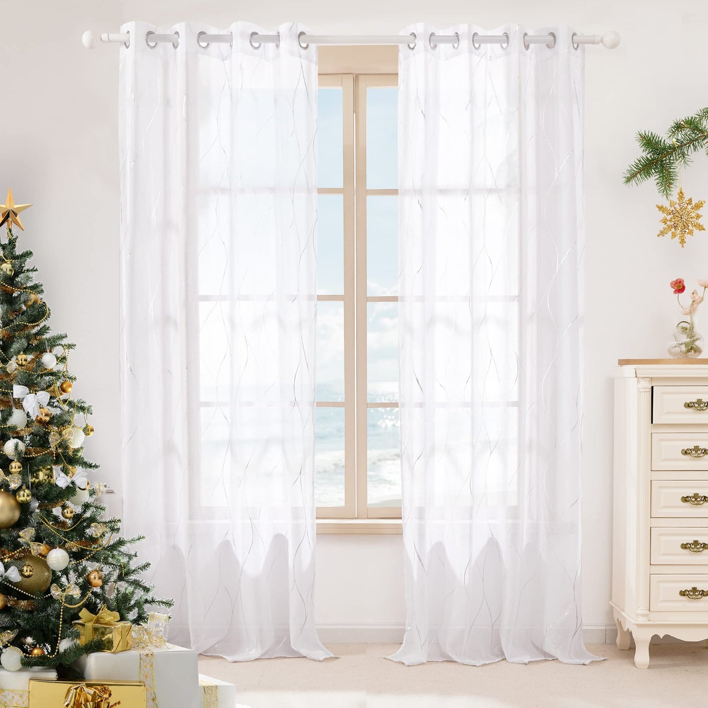 Deconovo Semi Sheer Curtains 2 Panels, 52W x 84L Inch Each, Grommet Top Voile, Light-Filtering Day Privacy, Silver Wave Foil Pattern, Living Room/Bedroom Window Drapes, Easy Hang