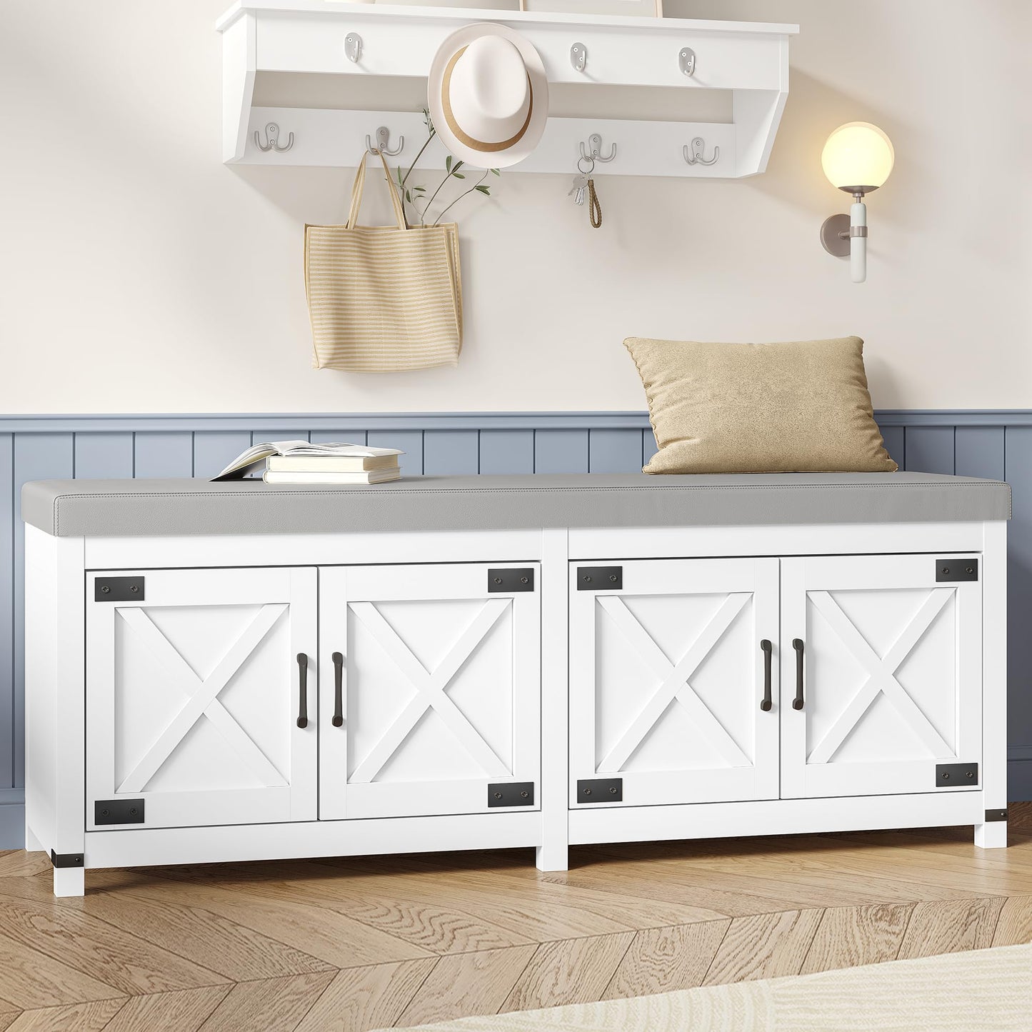 Hzuaneri Shoe Storage Bench, 2 Tier Shoe Bench with Padded Seat Cushion & 4 Barn Doors, Entryway Bench with Adjustable Shelf, Farmhouse Shoe Cabinet for Living Room, Bedroom, White SB31203GY