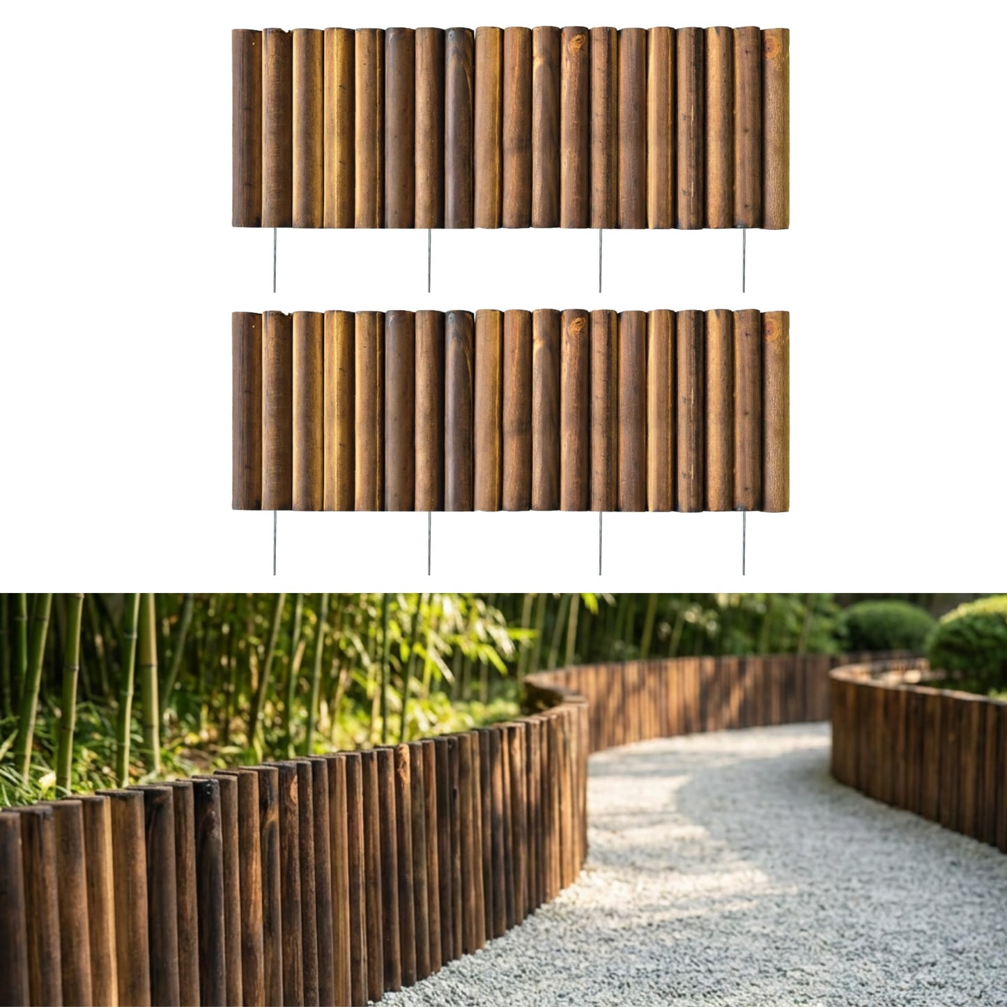 LaLaGreen Wooden Garden Edging Border (30" x 12", 2 Pack) Brown Wood Fence Panel with Metal Stakes, Decorative Flower Bed Landscape Fencing for Lawn Yard Dog Barriers Patio Pathways Outdoor Tree Decor