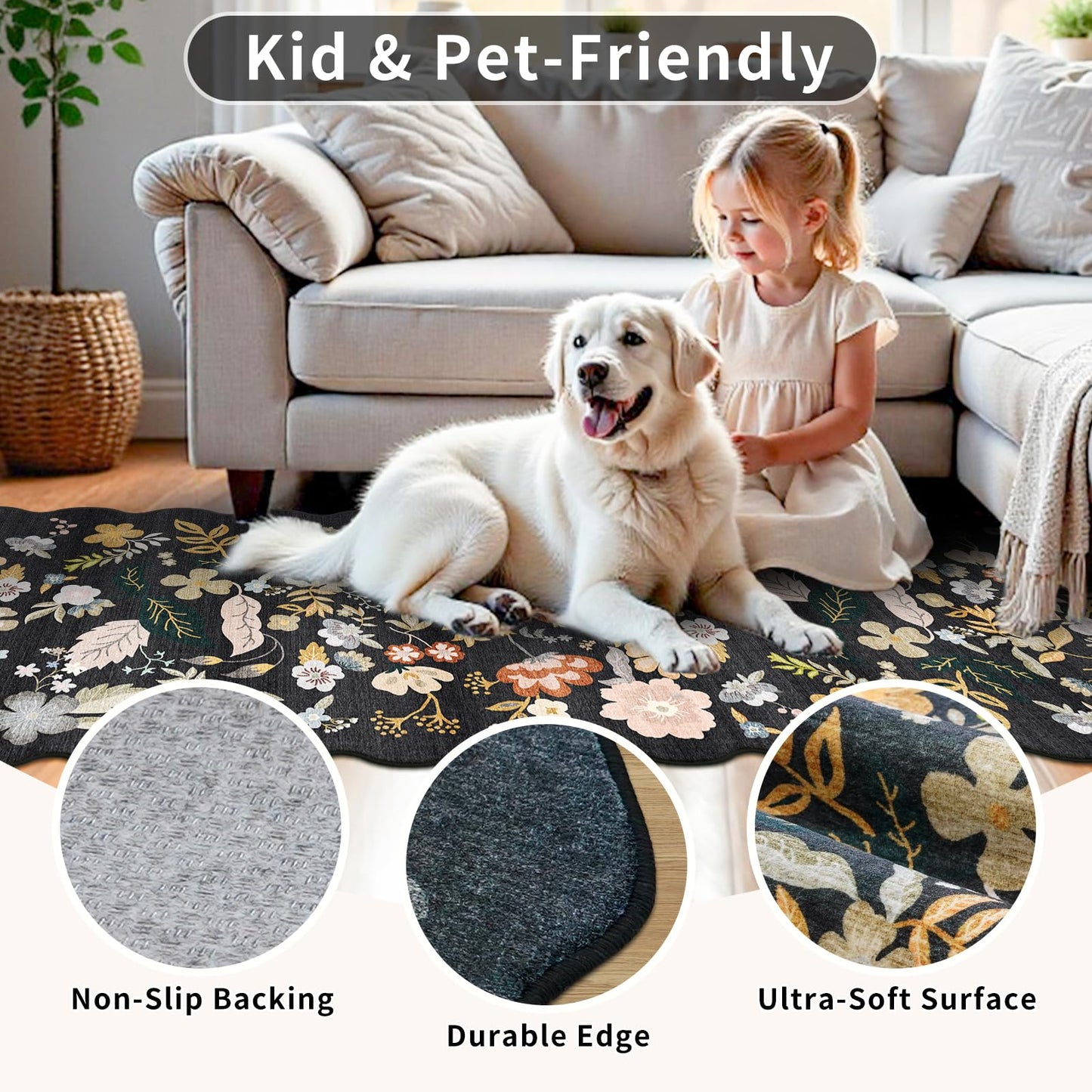3x12ft Long Hallway Runner Rug - Non Slip Washable Floral Floor Runner for Kitchen Entryway Bathroom，Boho Low Pile Thin Rubber Backed Scalloped Carpet Runner (Black, 3x12)