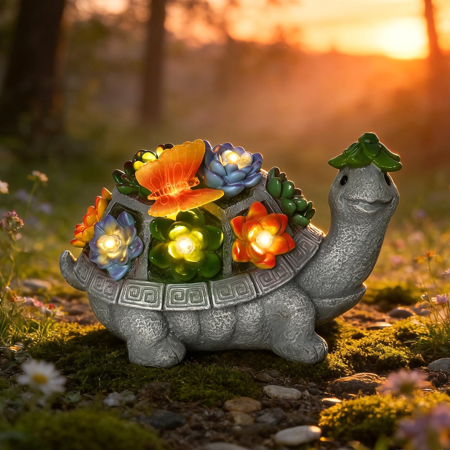 VMANYFIRE Solar Turtle Garden Statue with Butterfly, Succulent & LED Lights, Lawn Ornament for Yard Patio Porch Balcony, Outdoor Decor Figurine - Gifts for Mom Grandma Women