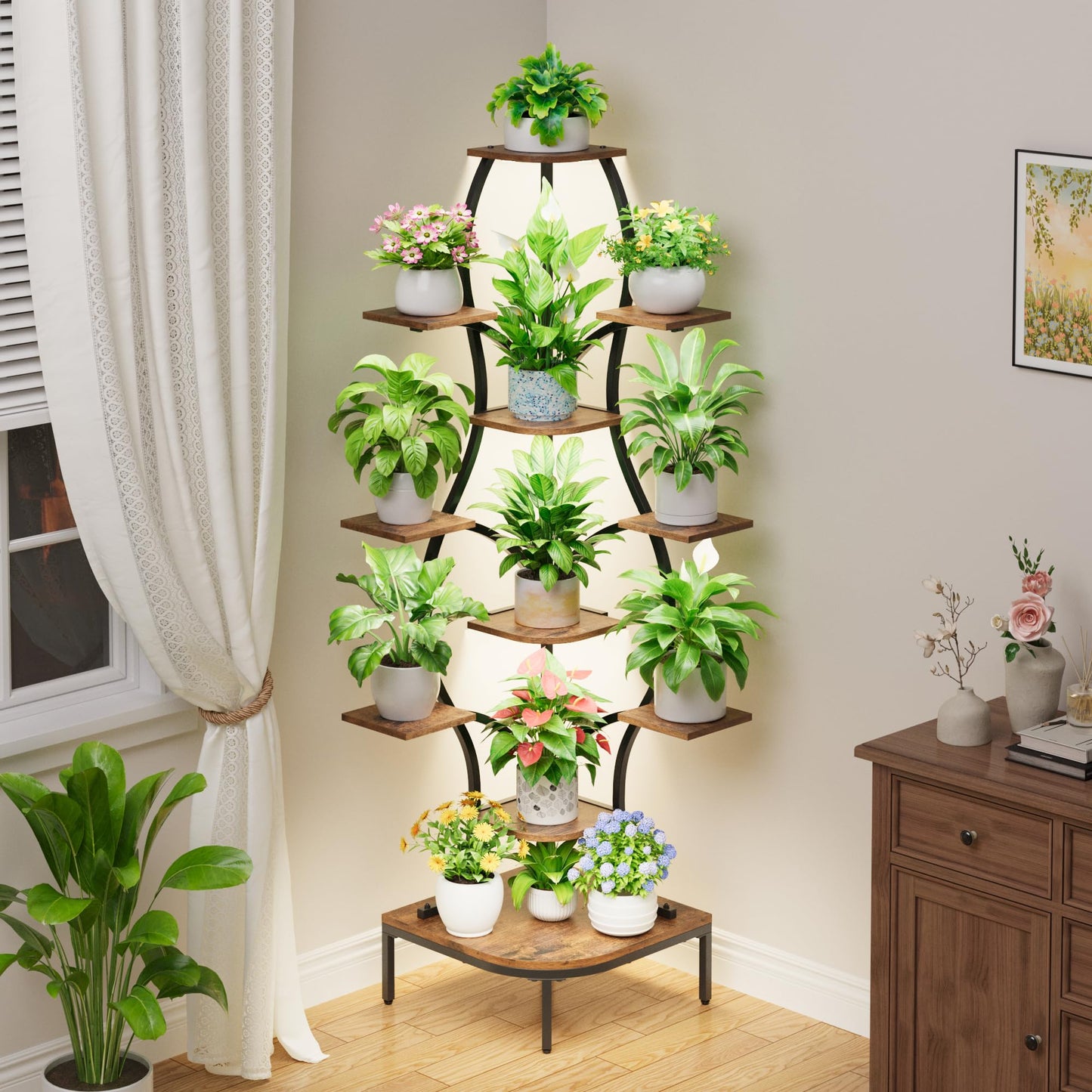 LATIBELL 72'' Tall Corner Plant Stand Indoor with Grow Light - 8 Tiered Metal Plant Shelf for Indoor Plants, Curved Display Rack Capable of Holding Large Pots in Living Room, Patio & Balcony, Black