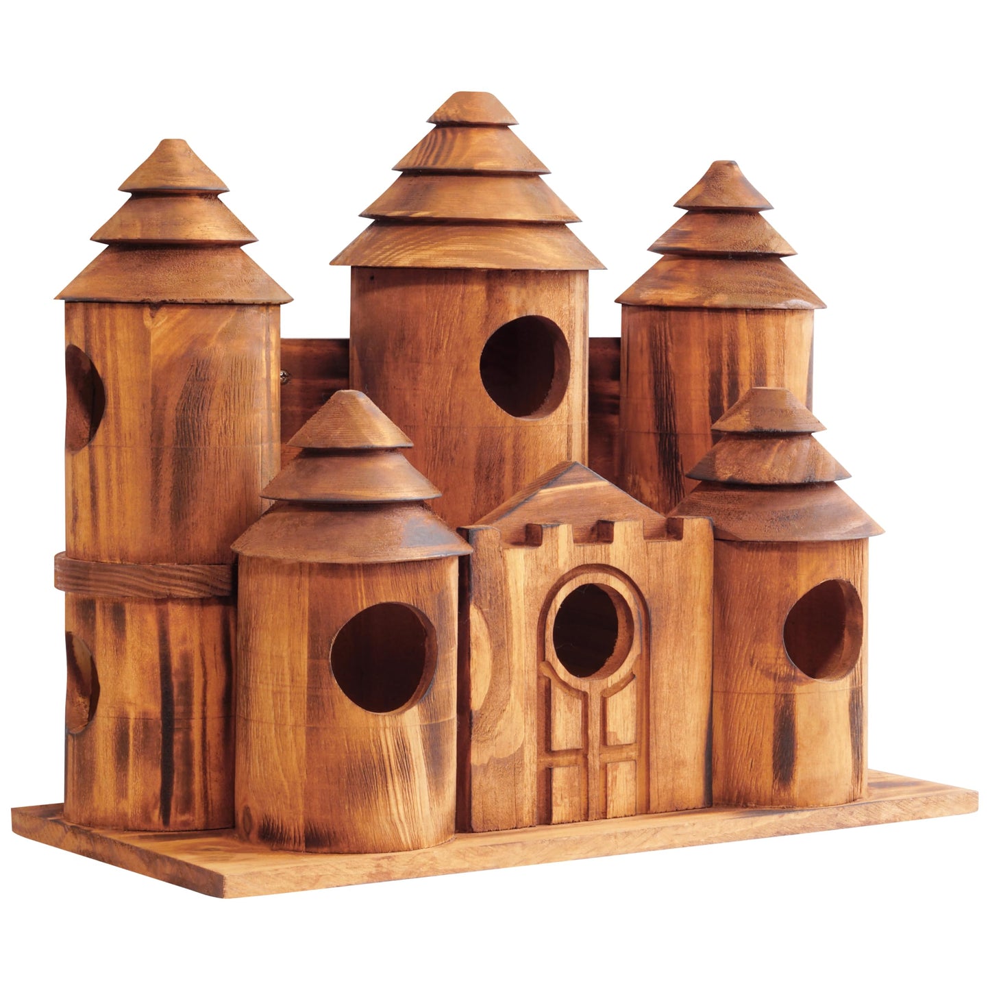 MIXUMON Wooden Bird Houses for Outside – 8 Rooms Castle-Style Bird House, Carbonized Pine Rustic Finish, 1.57" Entrance Holes, Decorative Outdoor Bird Nesting Box (Rustic, 8 Rooms)